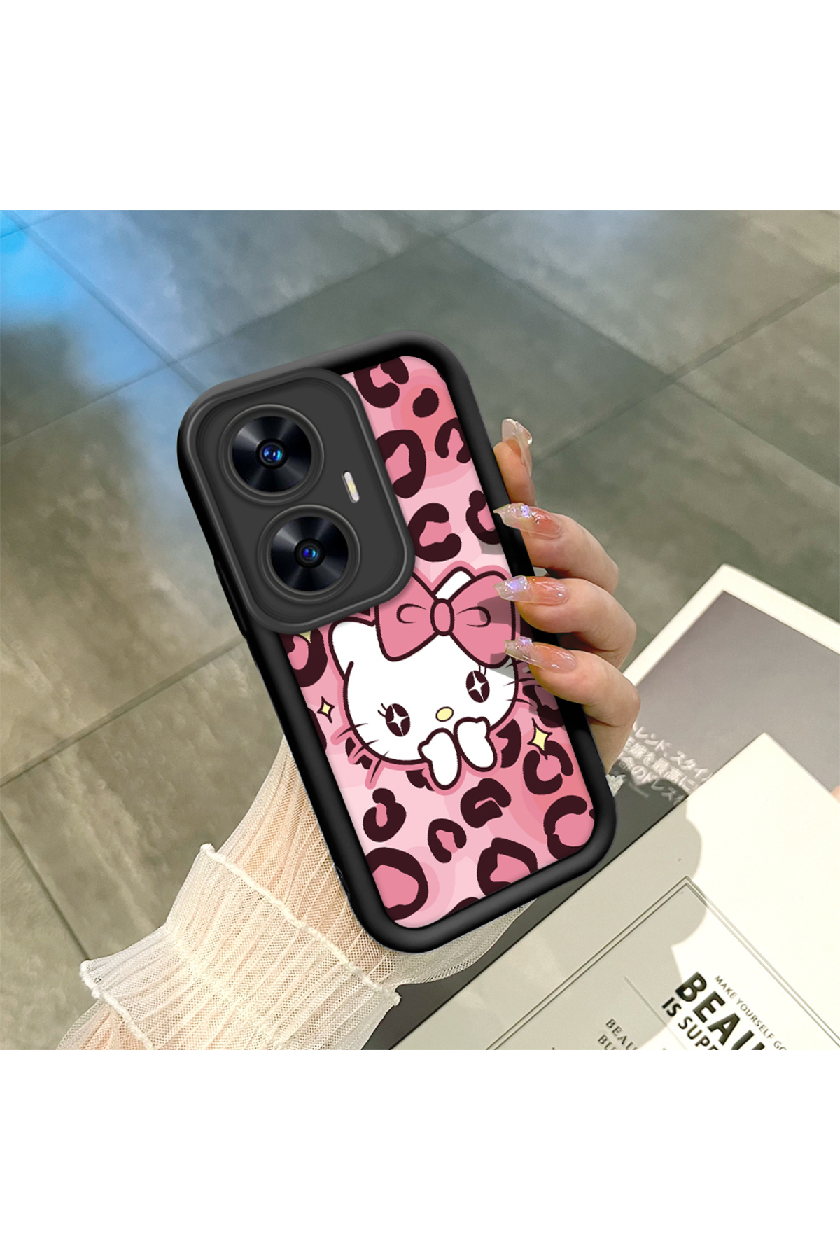 Realme C55 Compatible Black High Quality Silicone Leopard Patterned Kitty Phone Case