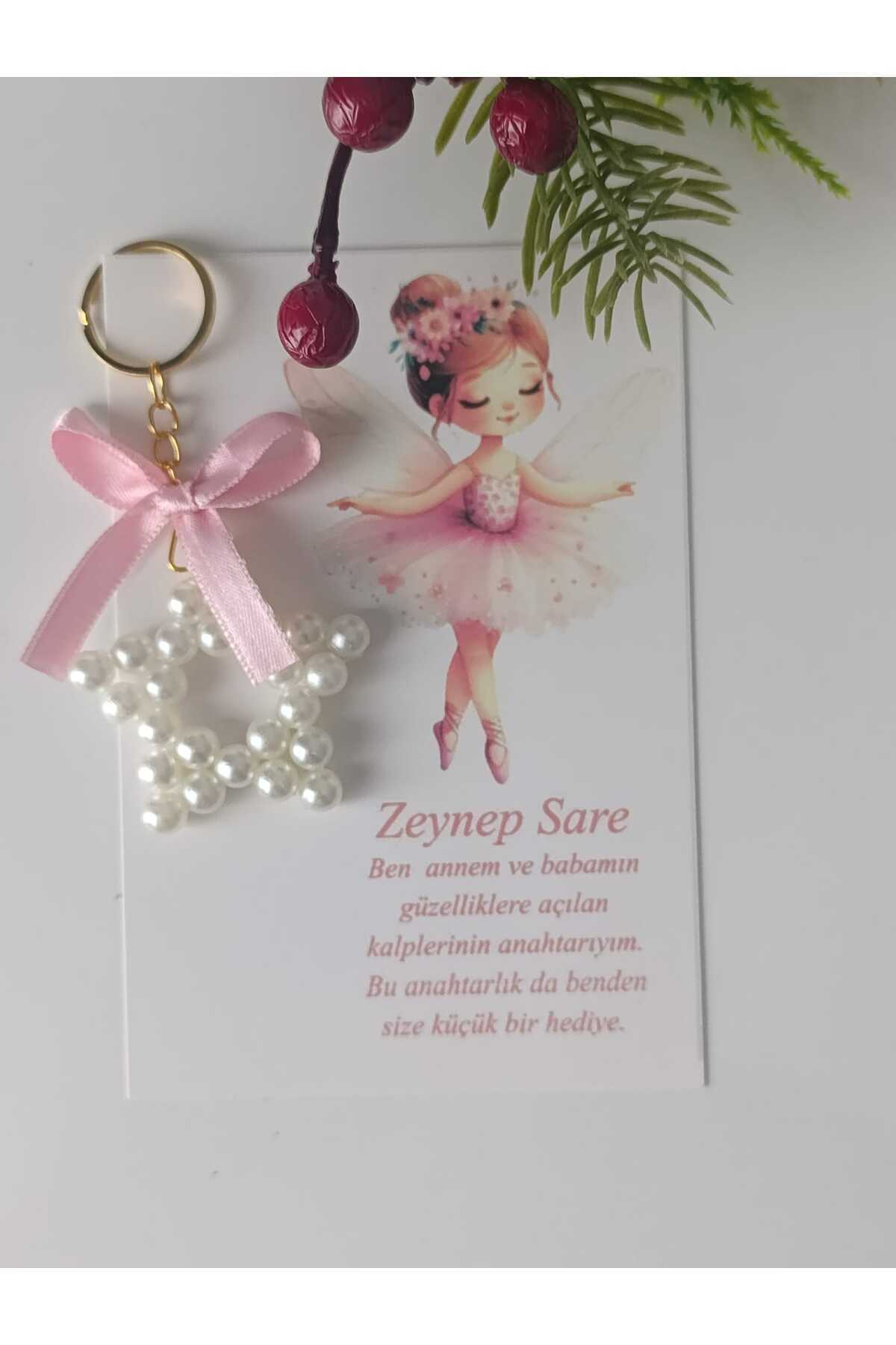 10x Pearl Star Keychain Pink Ribbon Birthday Circumcision Mevlut Personalized Card Design