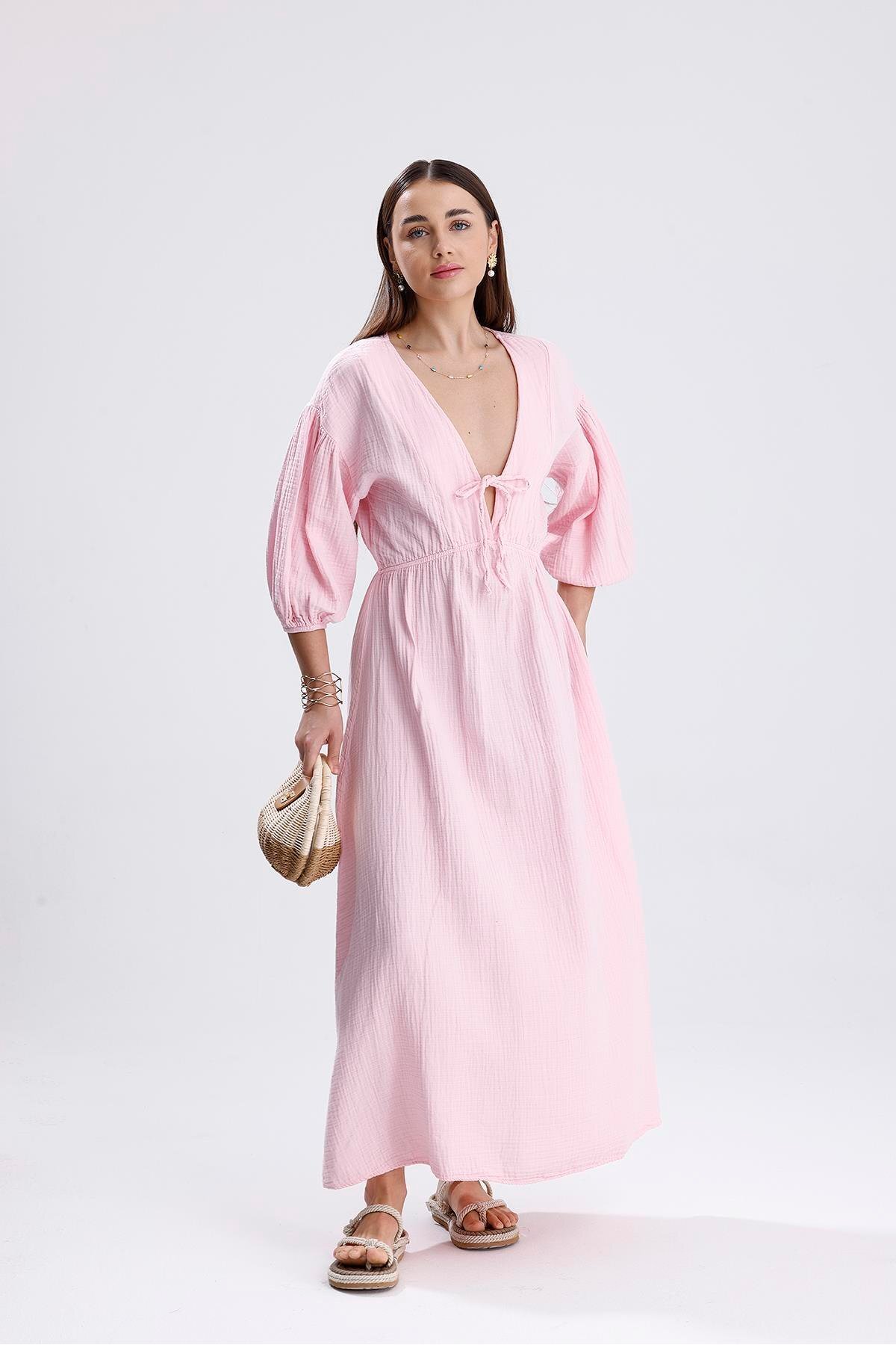 Women's Pink Comfort Model V-Neck Balloon Sleeve Muslin Dress Tied Waist Ruched A-Cut Long Dress