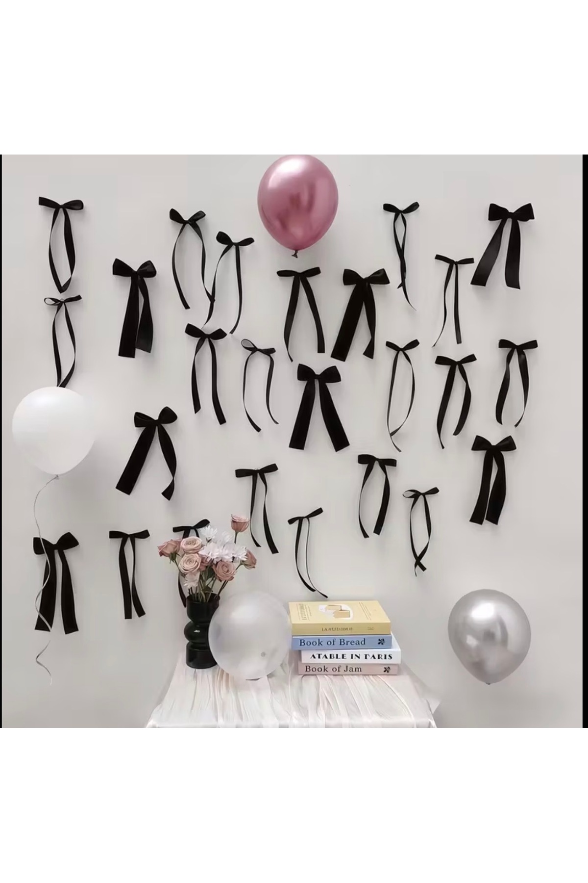 25Pcs Black Ready Bow Set Satin Ribbon Birthday, Party Decoration, Wall Decor, Background