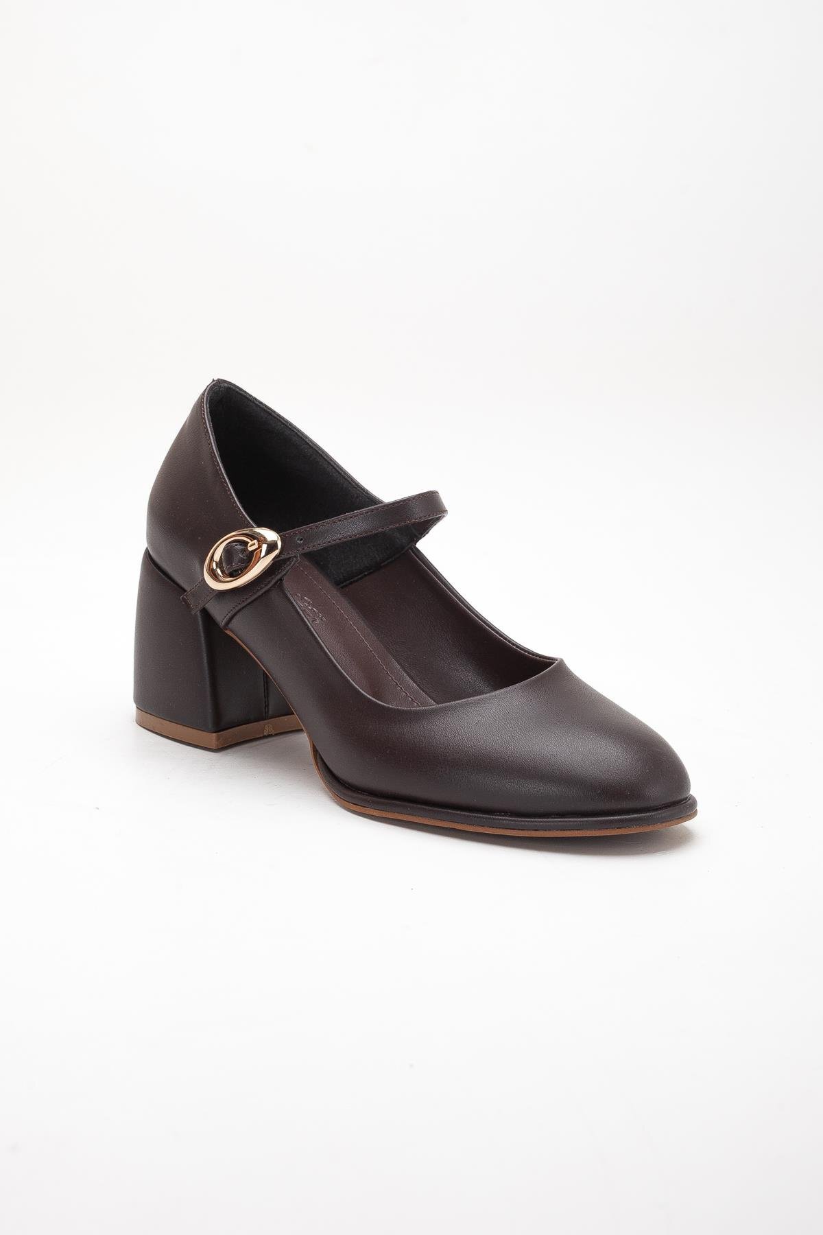 Dilimler Ayakkabı  Kahverengi Kadın Kalın Topuklu Ayakkabı Baretli Vardola Kalın Tokalı - Görsel 5