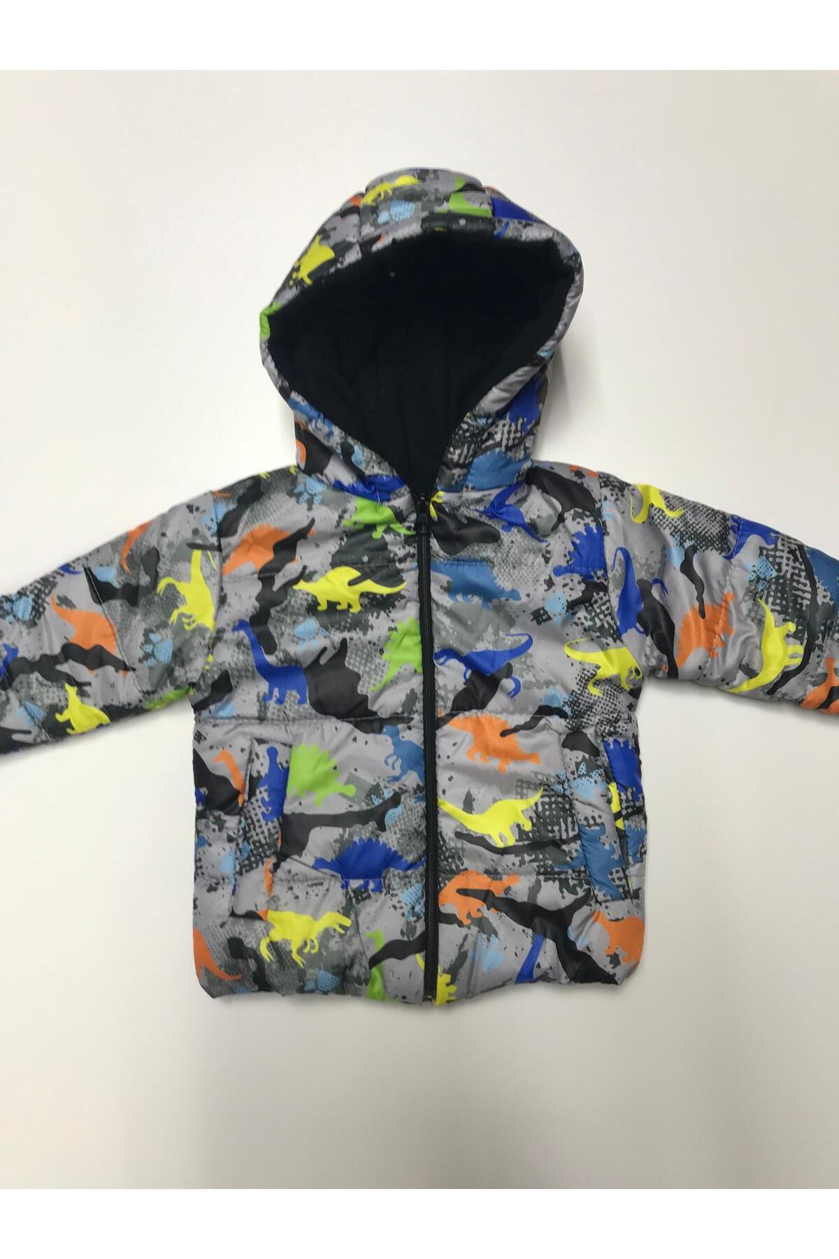 Baby Slon Kids Clup Kışlık fermuar kapüşonlu içi polar astarlı dinazor desenli su rüzgar geçirmez erkek bebek çocuk mont fotoğrafı 3 (önizleme)