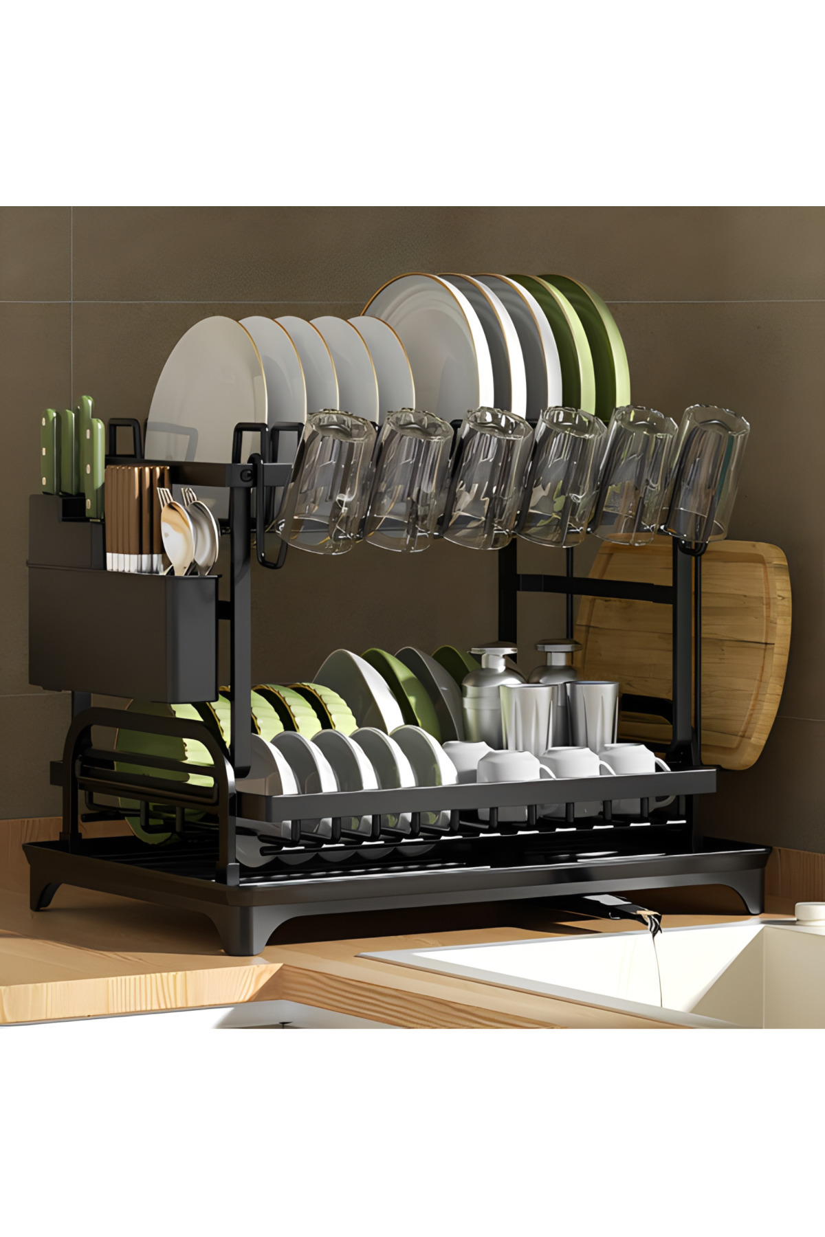 Herum Μεταλλικό στραγγιστήρι πιάτων, 2 επίπεδα, πλαστικός δίσκος, αξεσουάρ, μ...