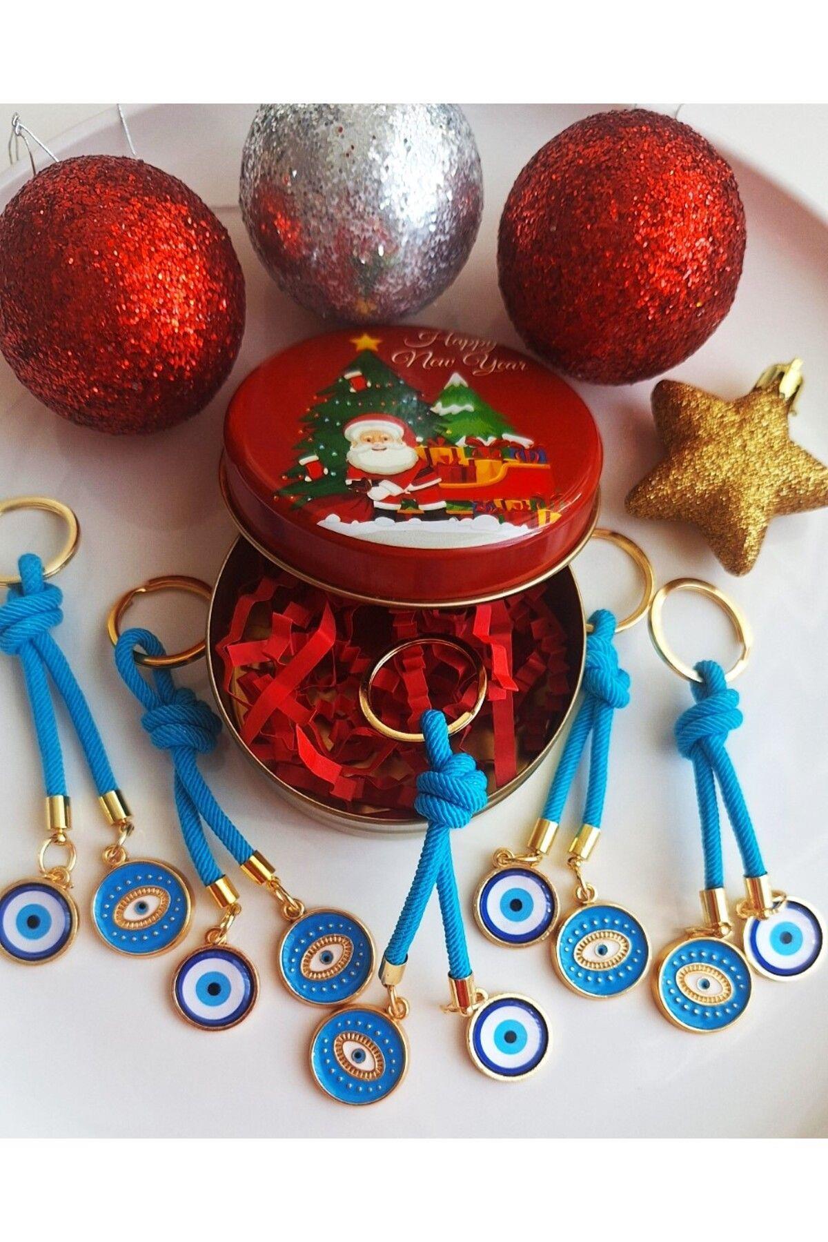 New Year Gift 5pcs Blue Evil Eye Beaded Keychains in 5pcs Metal Box - Christmas Gift