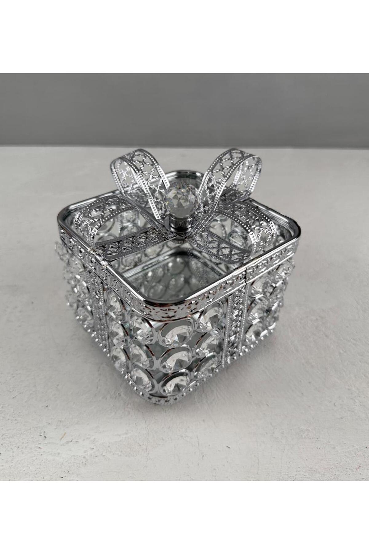 CRYSTAL GEMSTONE BOWTIE MODEL SQUARE SUGAR BOWL BOX SILVER