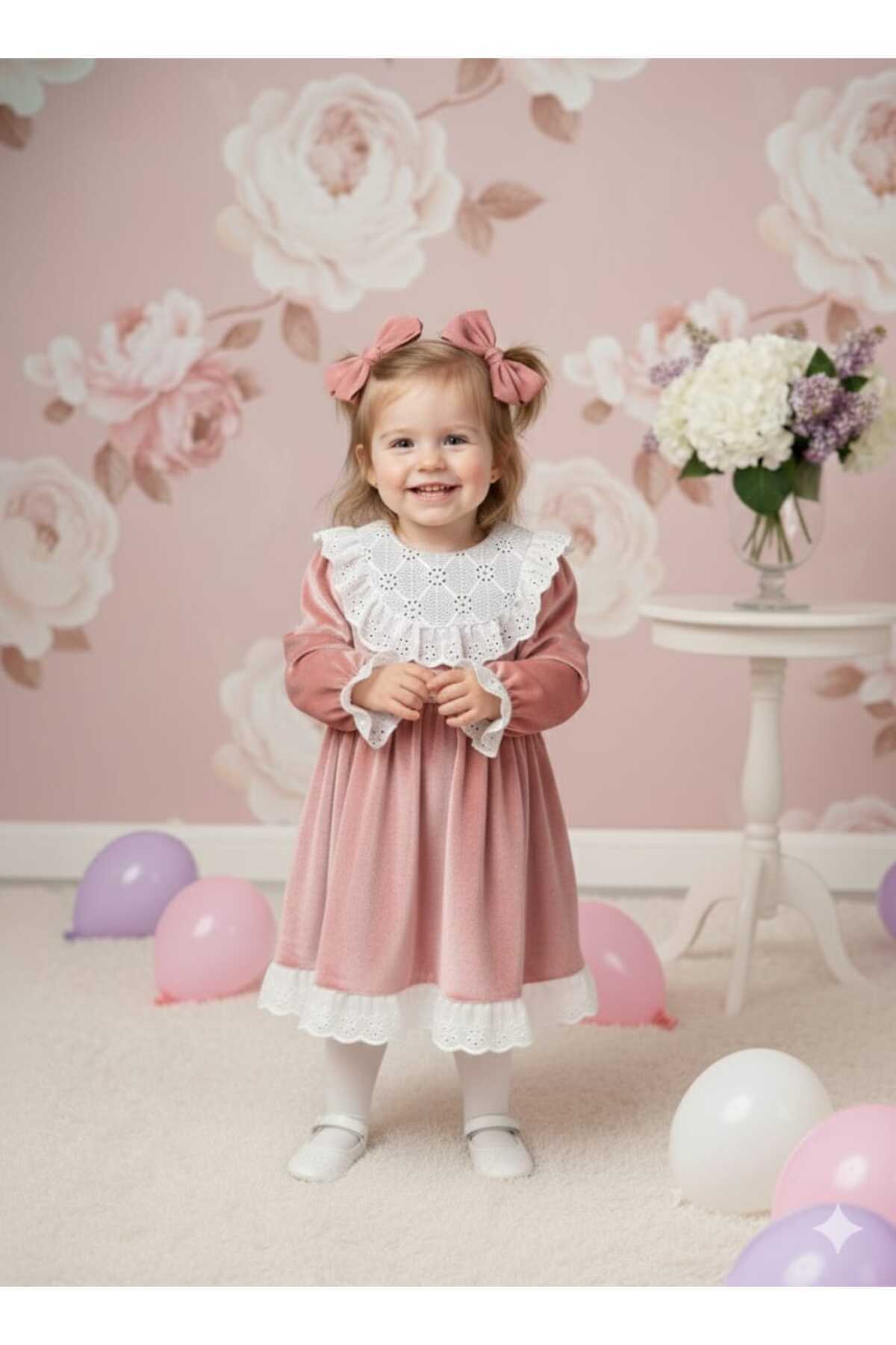 Baby Girl Dress with Pink Lace Detail Velvet Cotton Lining