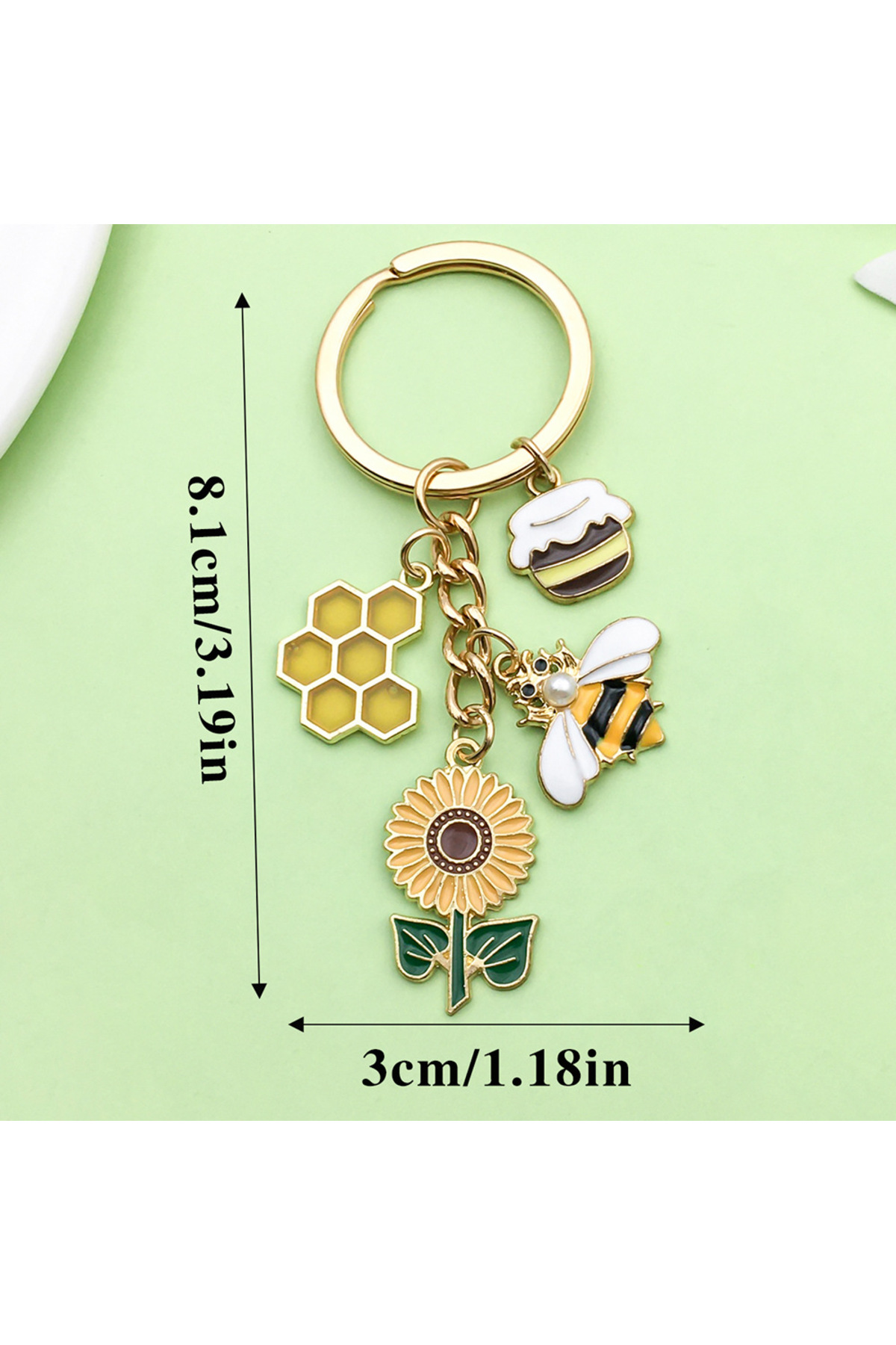 Golden Color Keychain and Bag Accessory with Sunflower Bee Honeycomb Figure