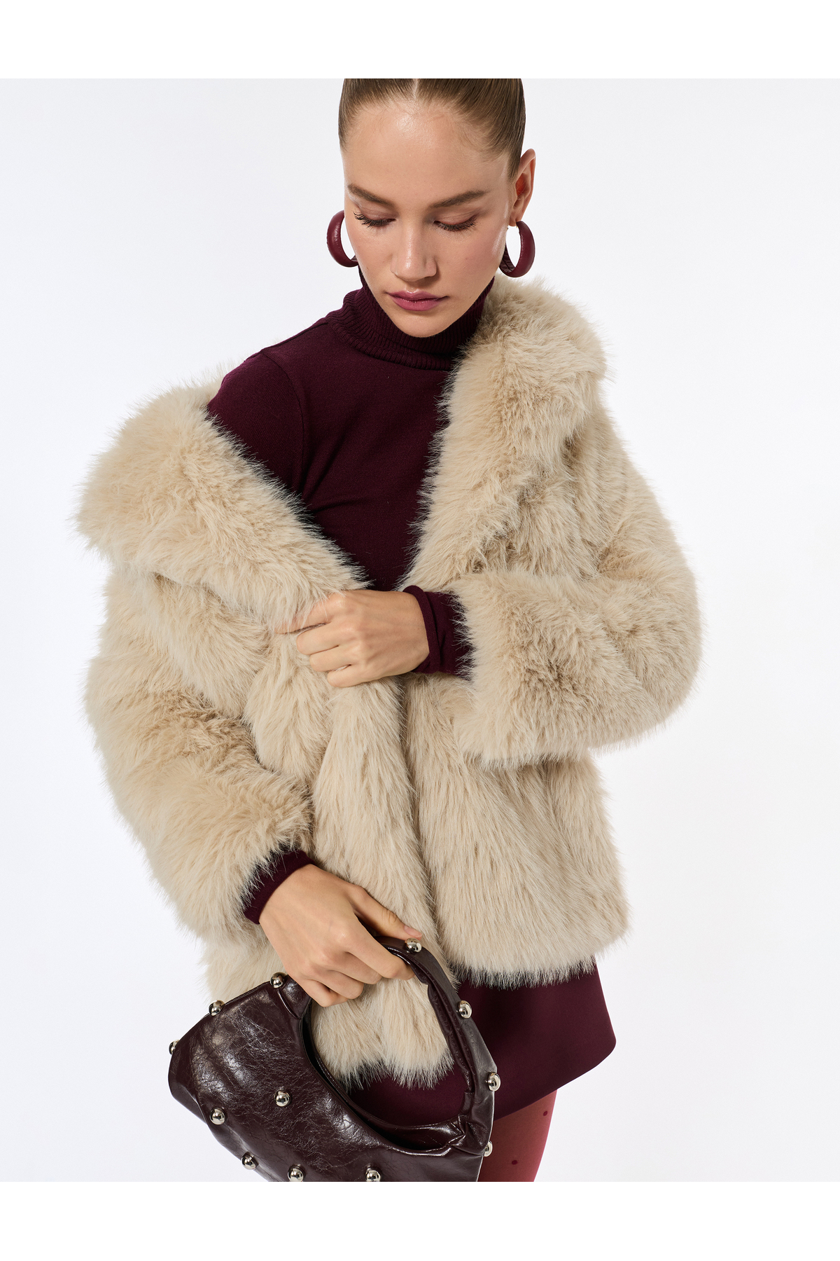 Koton  Suni Kürk Kaban Kruvaze Uzun Kollu - Görsel 2