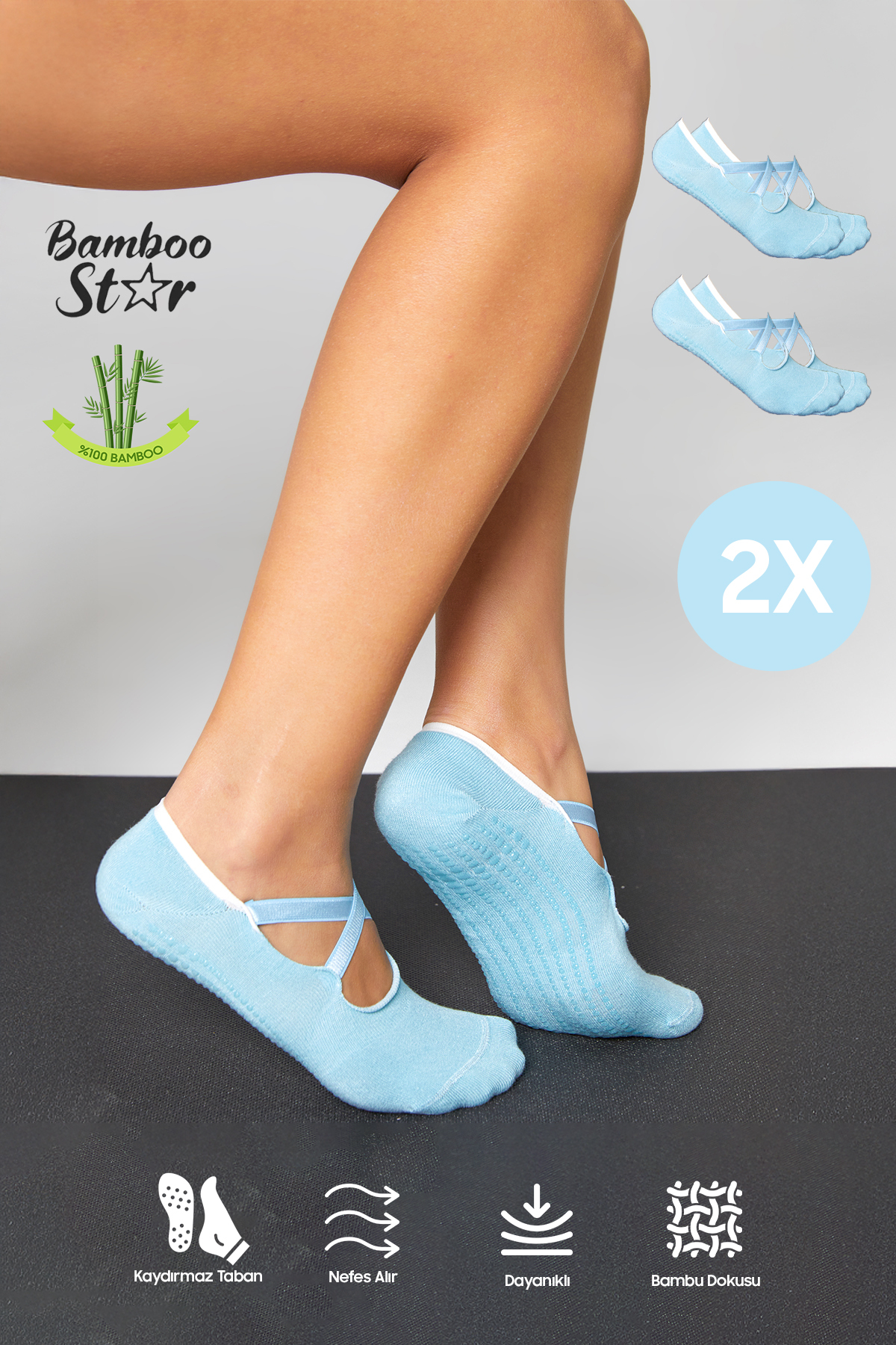Bambu Women's Blue Non-Slip Sole Silicone Print Pilates Yoga Fitness Dance Activity Ballet Socks 2-Pack