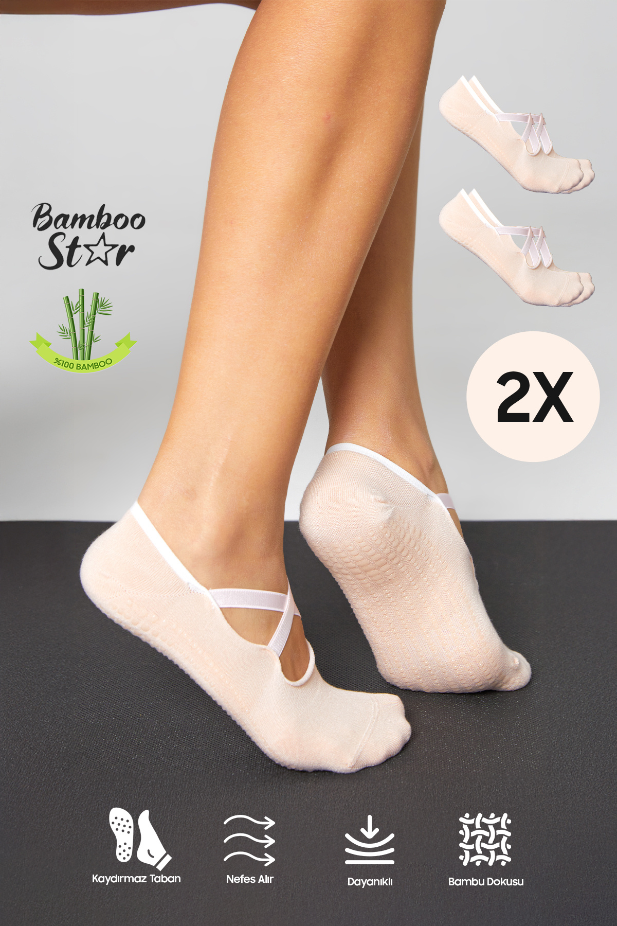 Bambu Women's Dusty Pink Non-Slip Silicone Print Pilates Yoga Fitness Activity Ballet Socks 2-Pack