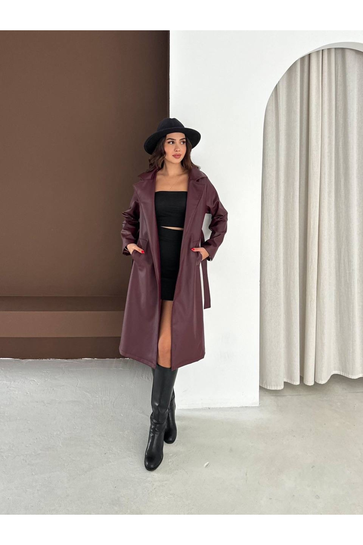 MODA CESE  DERİ TRENÇ UZUN KEMERLİ PALTO - Görsel 2