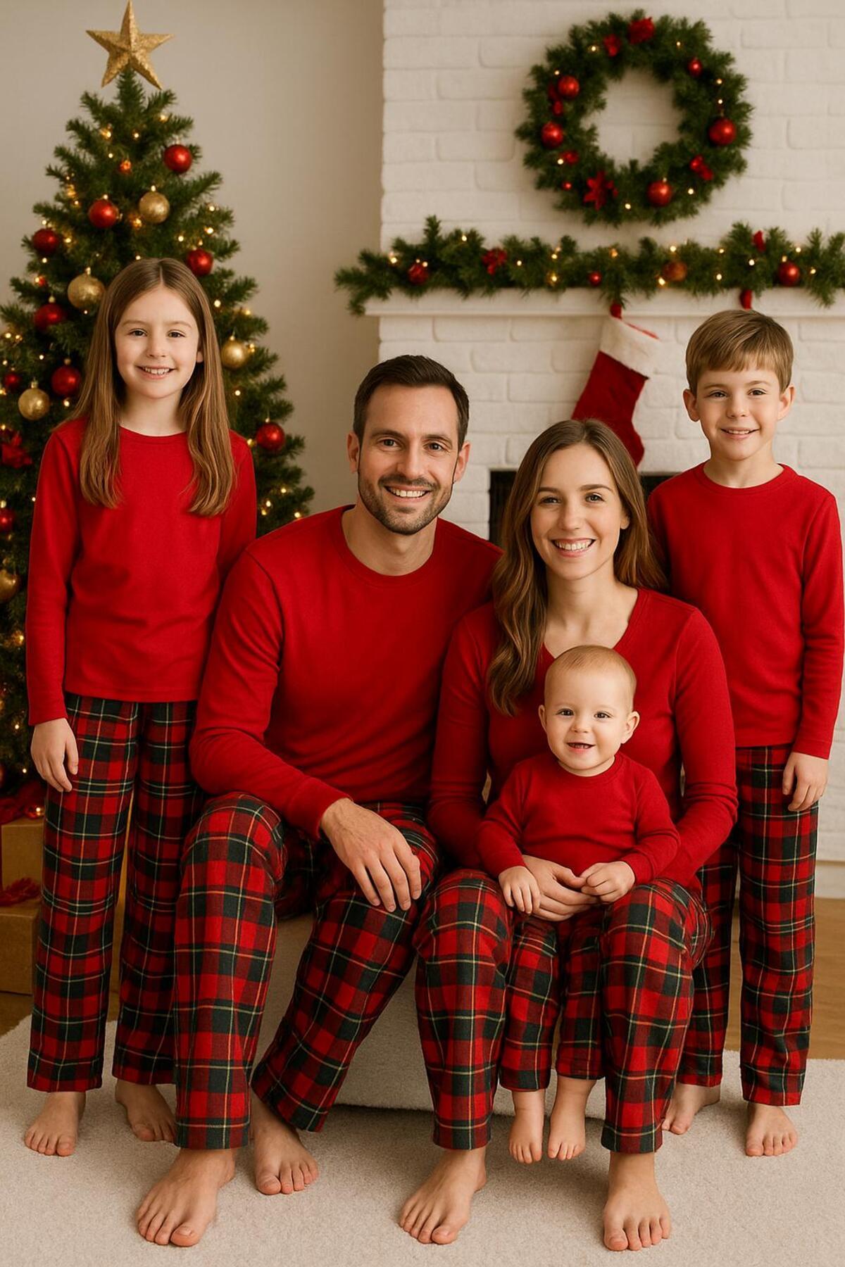 Pano Kids Patiska Nostalji Ekose Desenli Kadın Erkek Çocuk Yılbaşı Pijama Altı