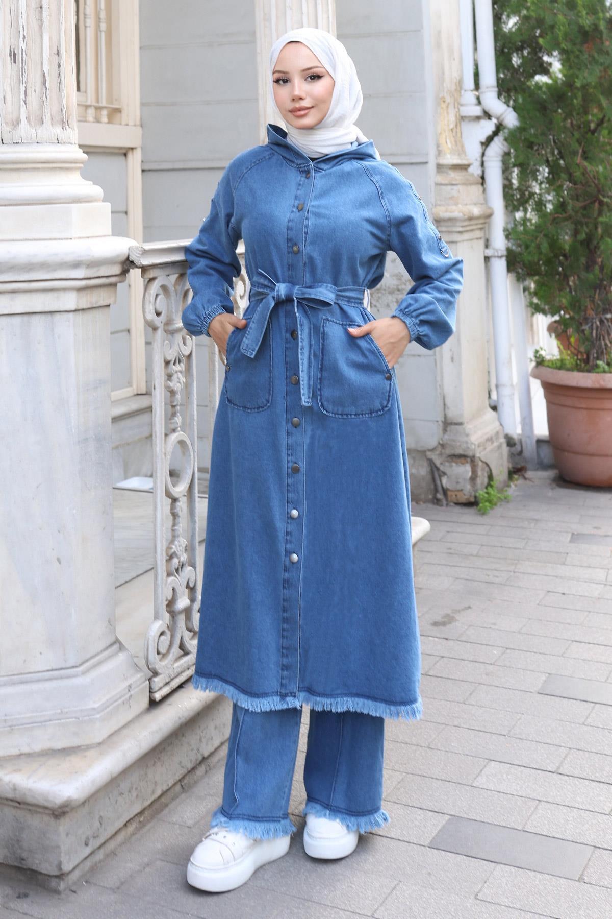 ModaMihram Fringe Detailed Denim Set Light Blue 19375