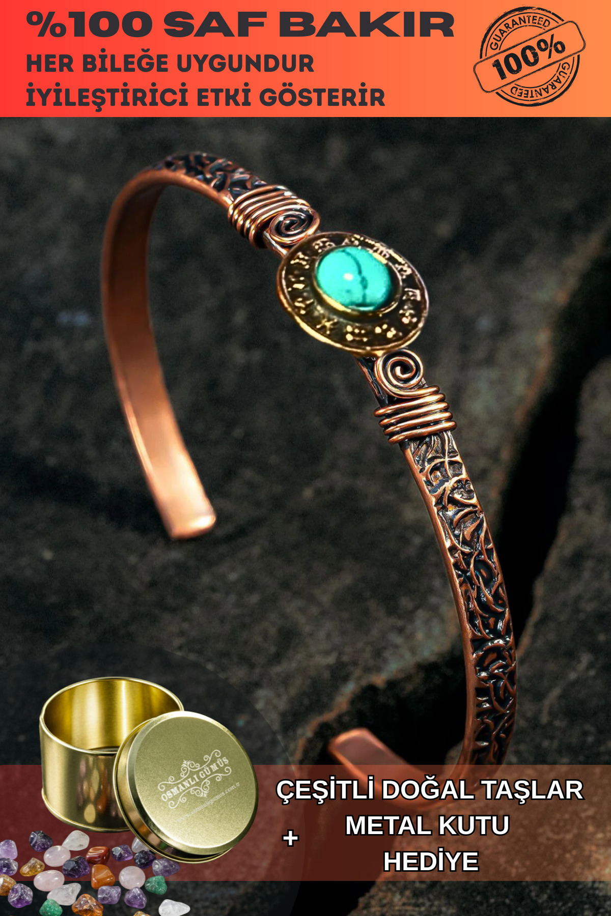Women's Copper Bracelet - 12 Sign Embroidered Women's Copper Bracelet with Natural Turquoise Turquoise Gemstone