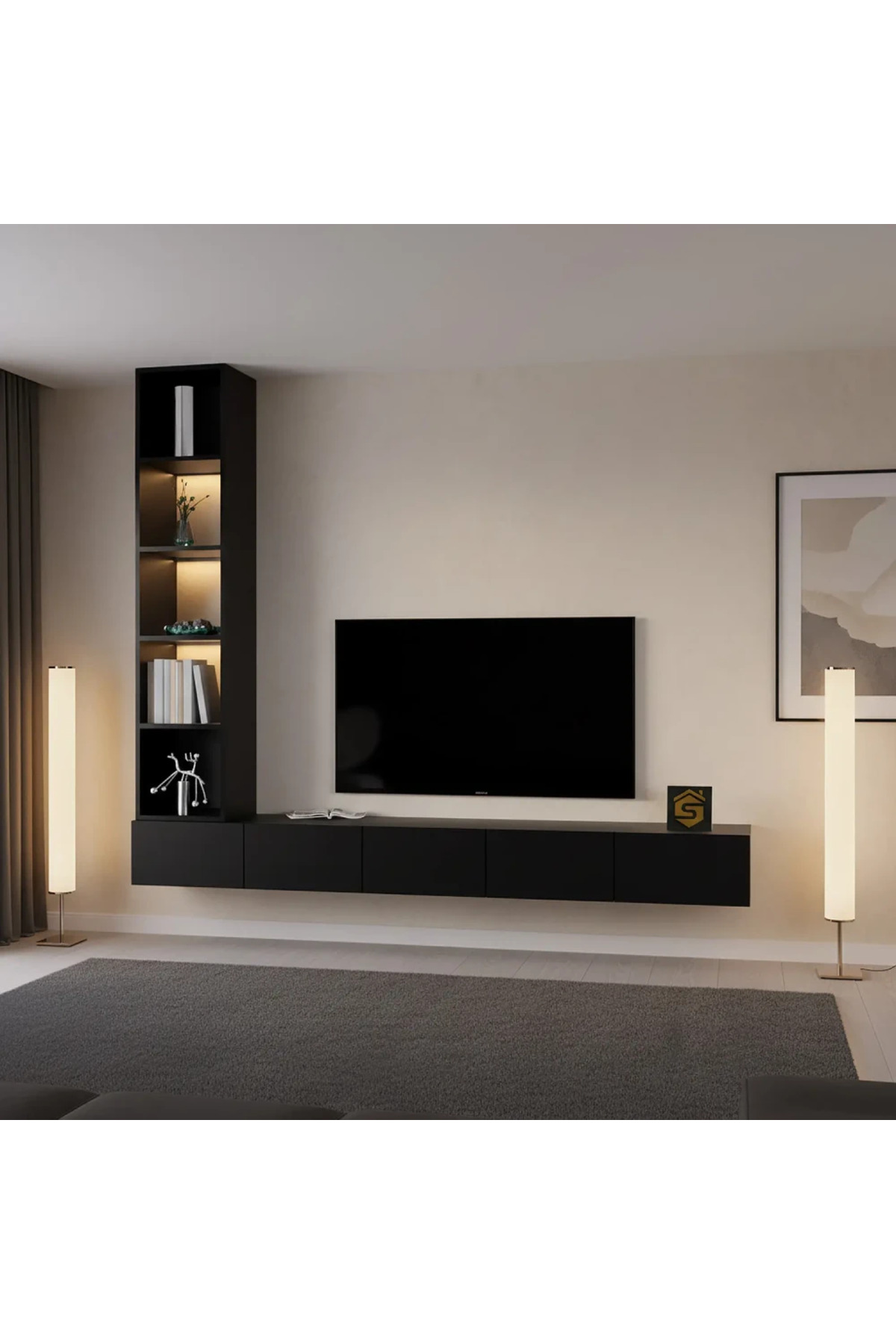 طاولة تلفزيون معلقة باللون الاسود مع أرفف جانبية م...