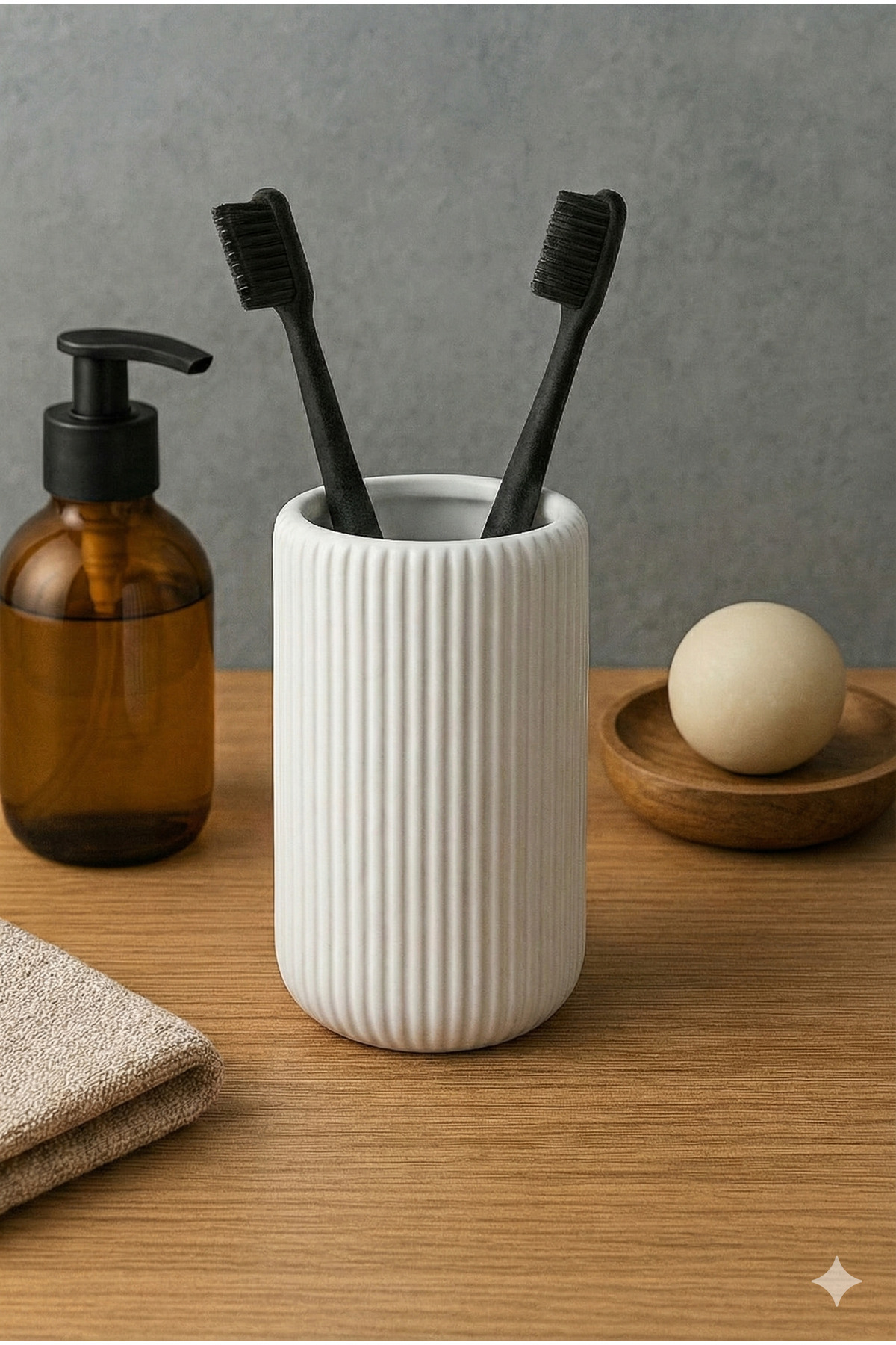 3dnebandim Seramik Görünümlü Yivli Diş Fırçalık, Renkli Modern Banyo Aksesuarı, Dekoratif Lavabo Üstü Organizer