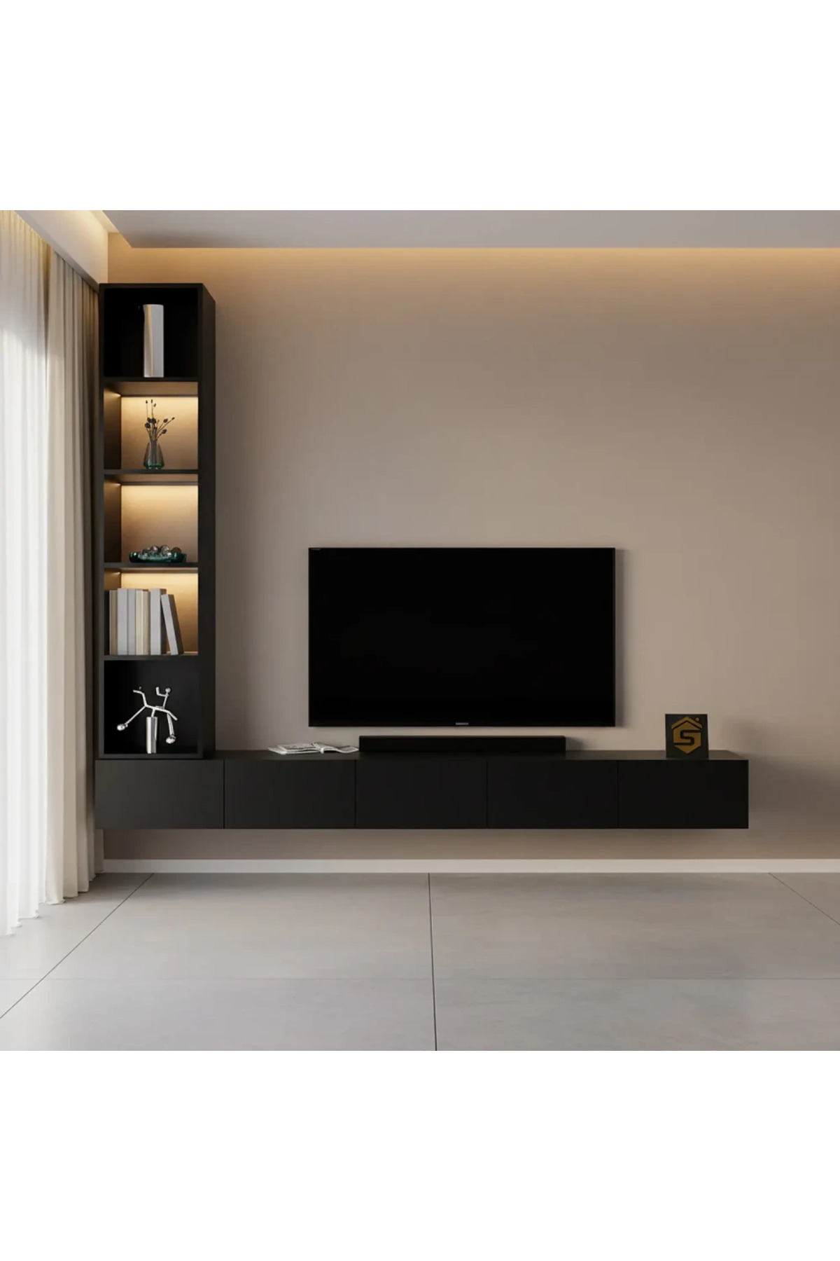 طاولة تلفزيون معلقة باللون الاسود مع أرفف جانبية م...