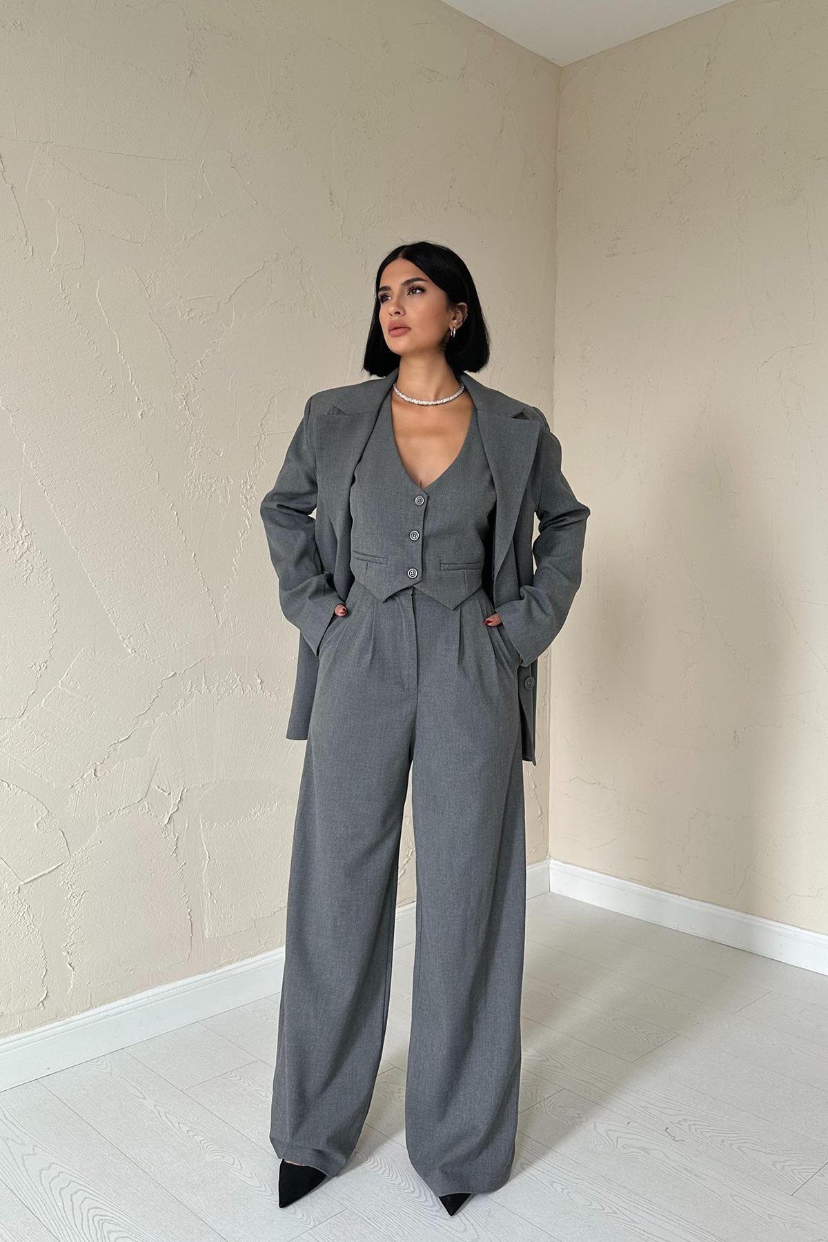 ELİSA Antrasit Klas Ceket, Yelek ve Pantolon Üçlü Takım