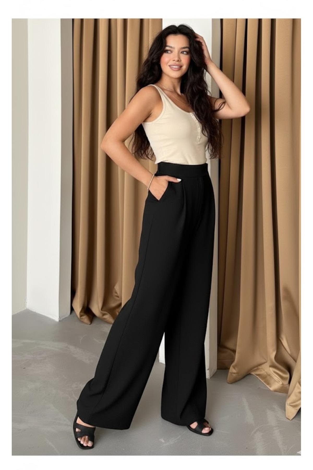 بنطلون أسود مصنوع من القطن بنسبة 100% مع إغلاق فيل...