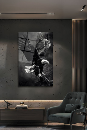 B&G DESIGN Temperli Cam Tablo Kartal Kanat Açan Siyah Beyaz Lüks Dekoratif Of...