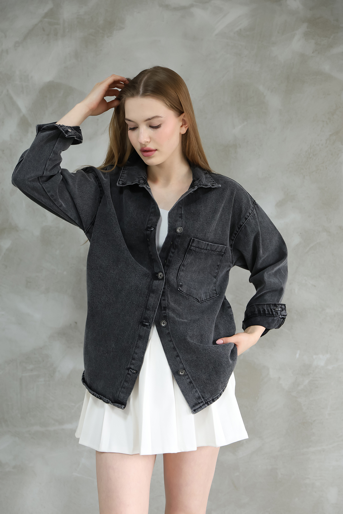 FIREVOGUE  KADIN OVERSIZE YIKAMALI DENIM CEKET - Görsel 4