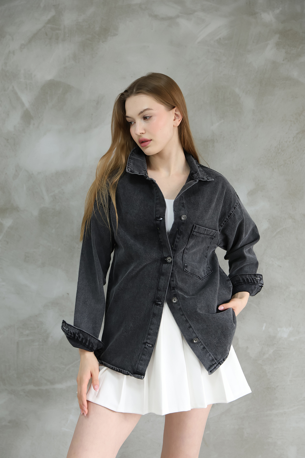 FIREVOGUE  KADIN OVERSIZE YIKAMALI DENIM CEKET - Görsel 3