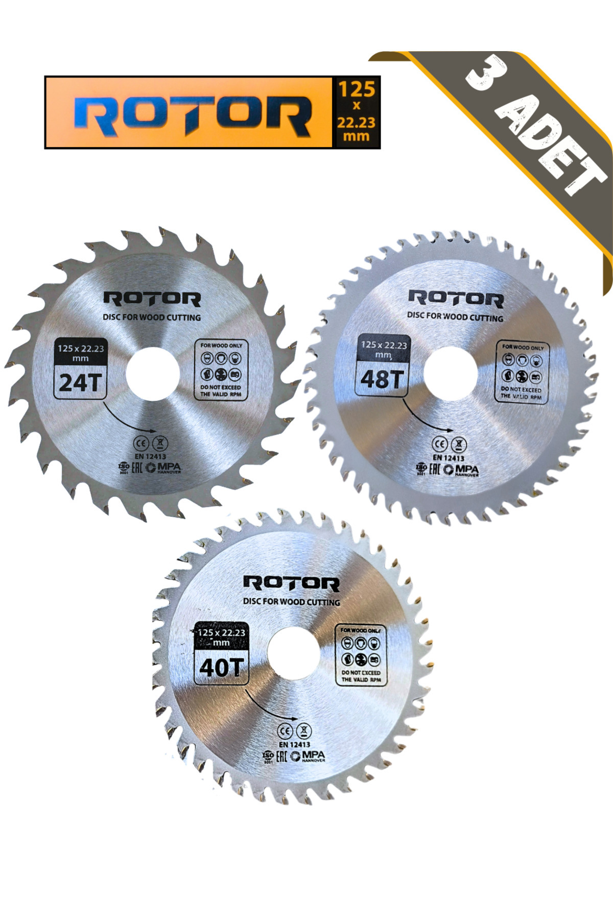 Rotor 3'lü Disk seti 125x22,23 Daire Testere Ahşap Kesme Set 3 parça