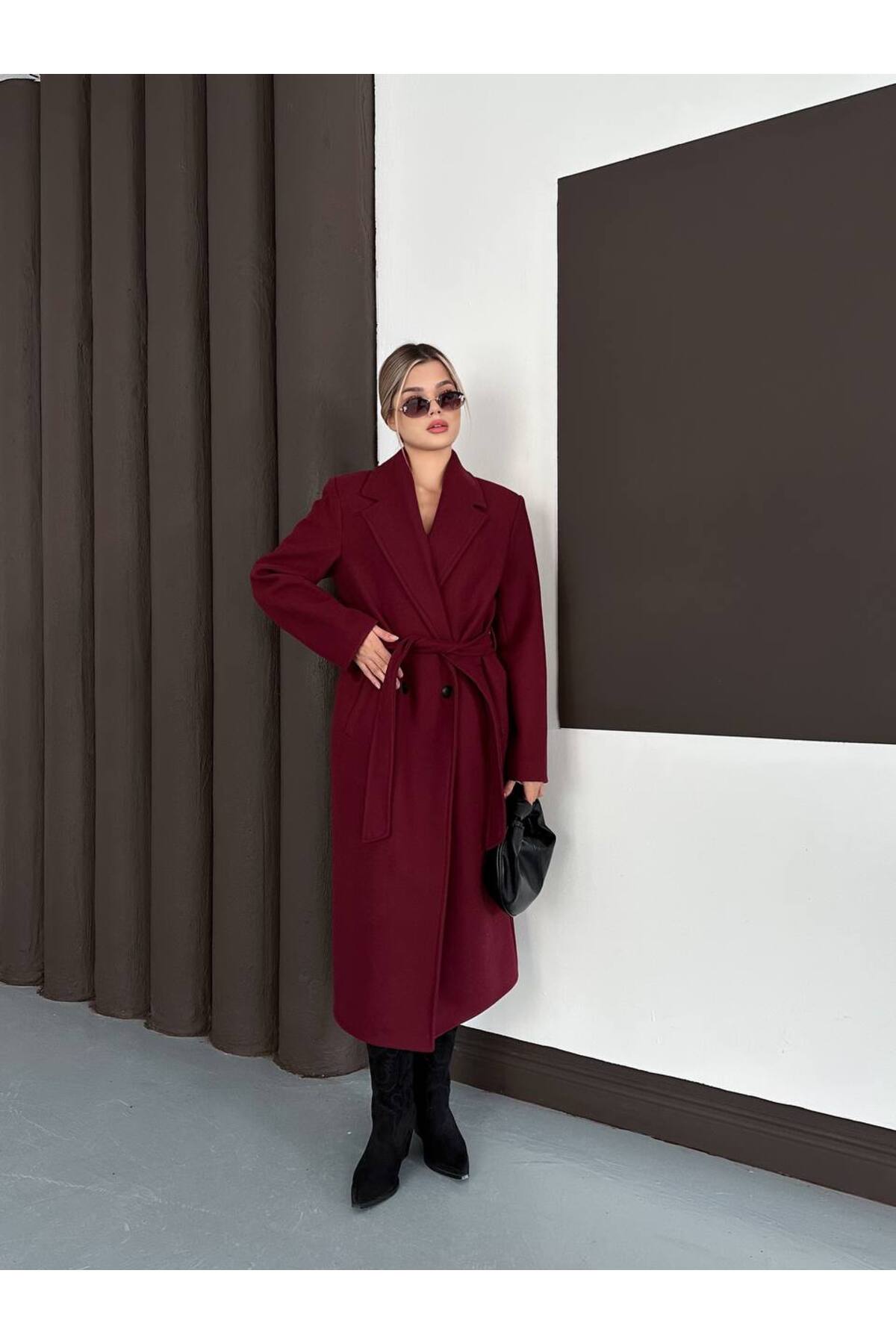 Manteau en cachemire femme bordeaux avec ceinture - Görsel 3