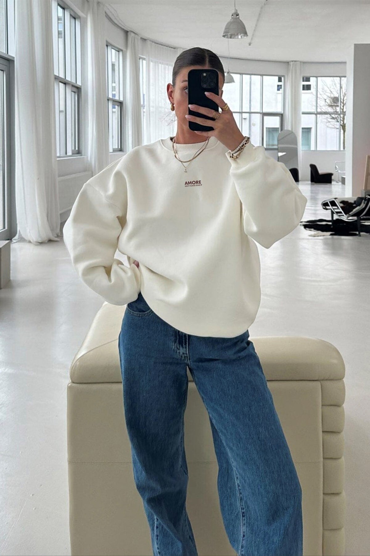 The Champ Clothing Kadın Oversize Sweatshirt AMORE Şardounlu Baskılı Beyaz, Bisiklet Yaka, 3 İplik Şardonlu görsel 6
