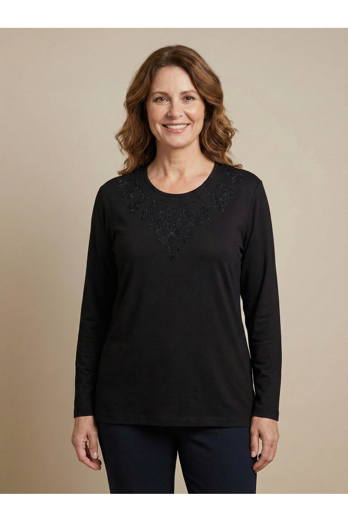 Women Mother Black Neck Embroidery Detailed Long Sleeve Combed Cotton Blouse