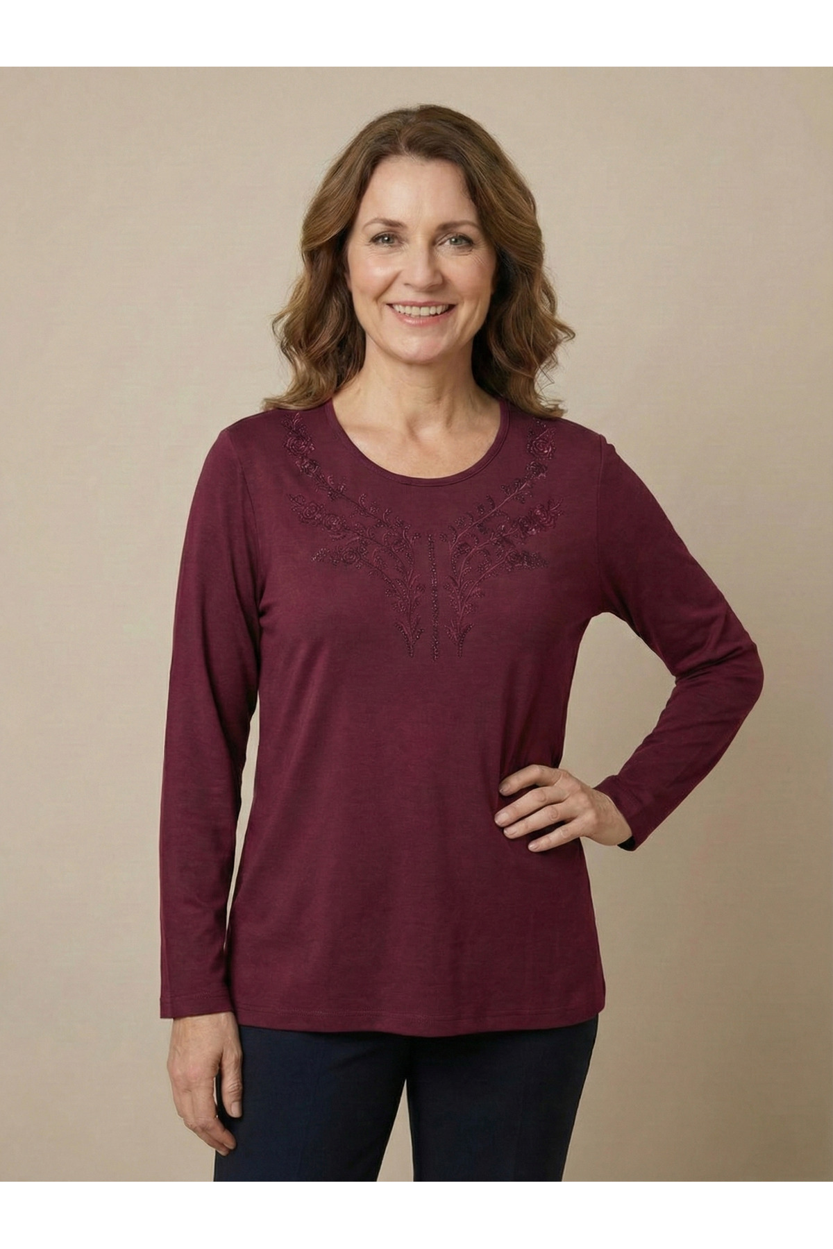 Women Mother Burgundy Neck Embroidery Detailed Long Sleeve Combed Cotton Blouse