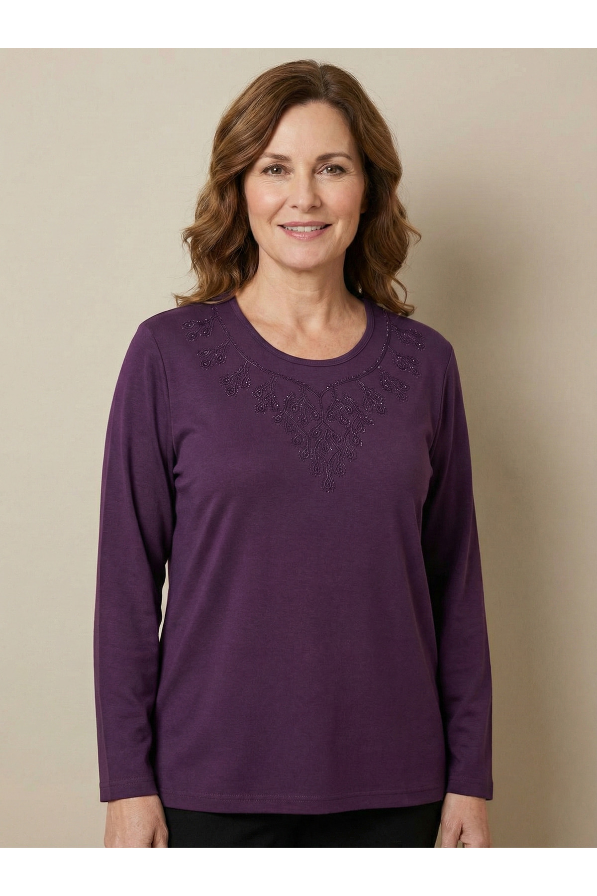 Women Mother Purple Collar Embroidery Detailed Long Sleeve Combed Cotton Blouse