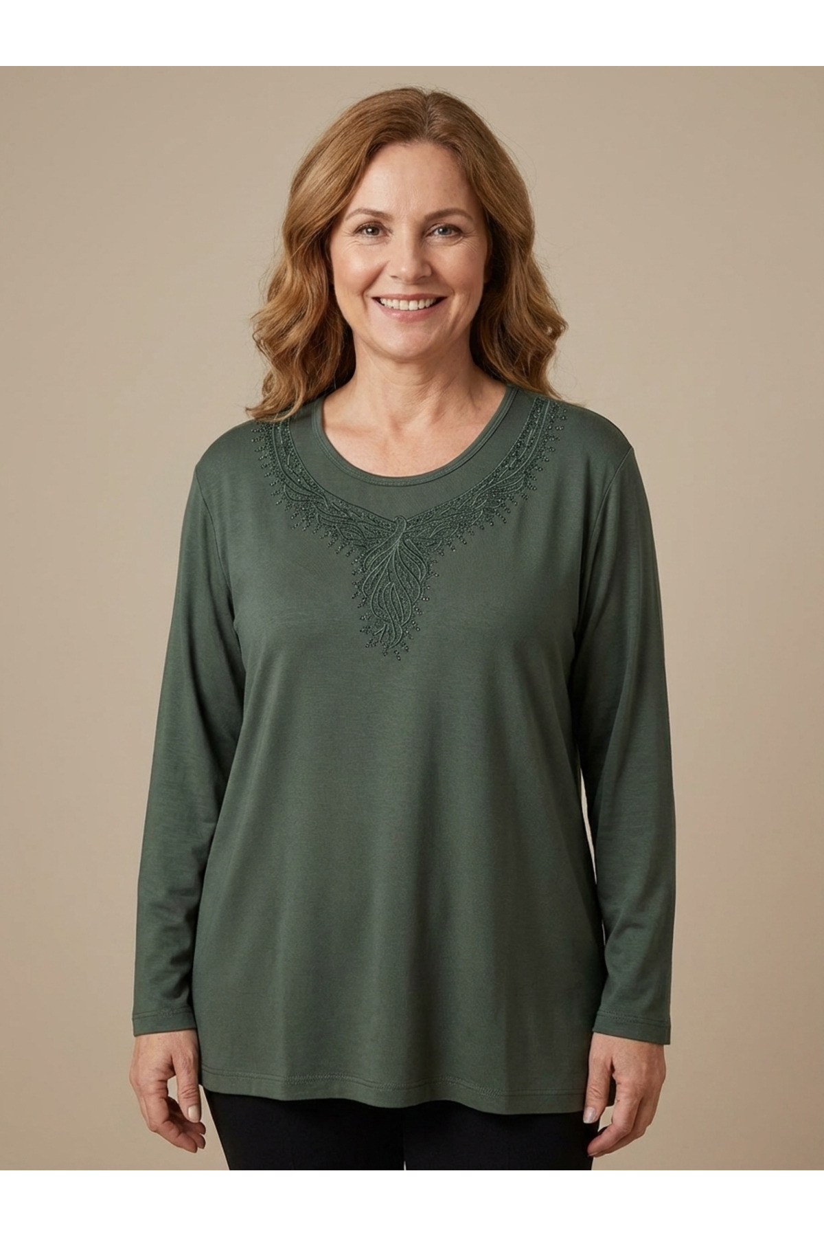Women Mother Khaki Neck Embroidery Detailed Long Sleeve Combed Cotton Blouse