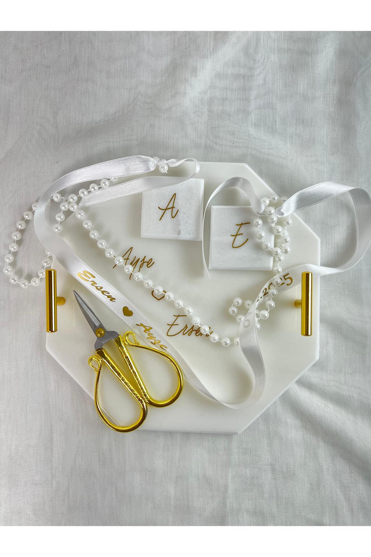 MERALP Kişiye Özel Mermer Söz/ Nişan Tepsisi Makas Baskılı kurdele Yüzüklük, Gold Metal Tekli Kulp