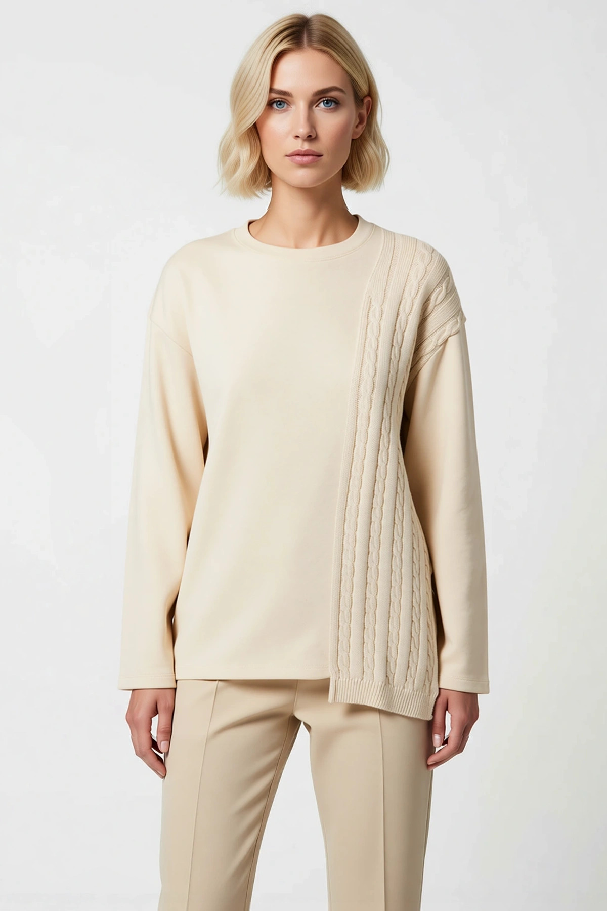 Kadın Bisiklet Yaka Düşük Kol Relaxed Triko Detaylı Sweatshirt Fonksiyonel Dayanıklı Rahat