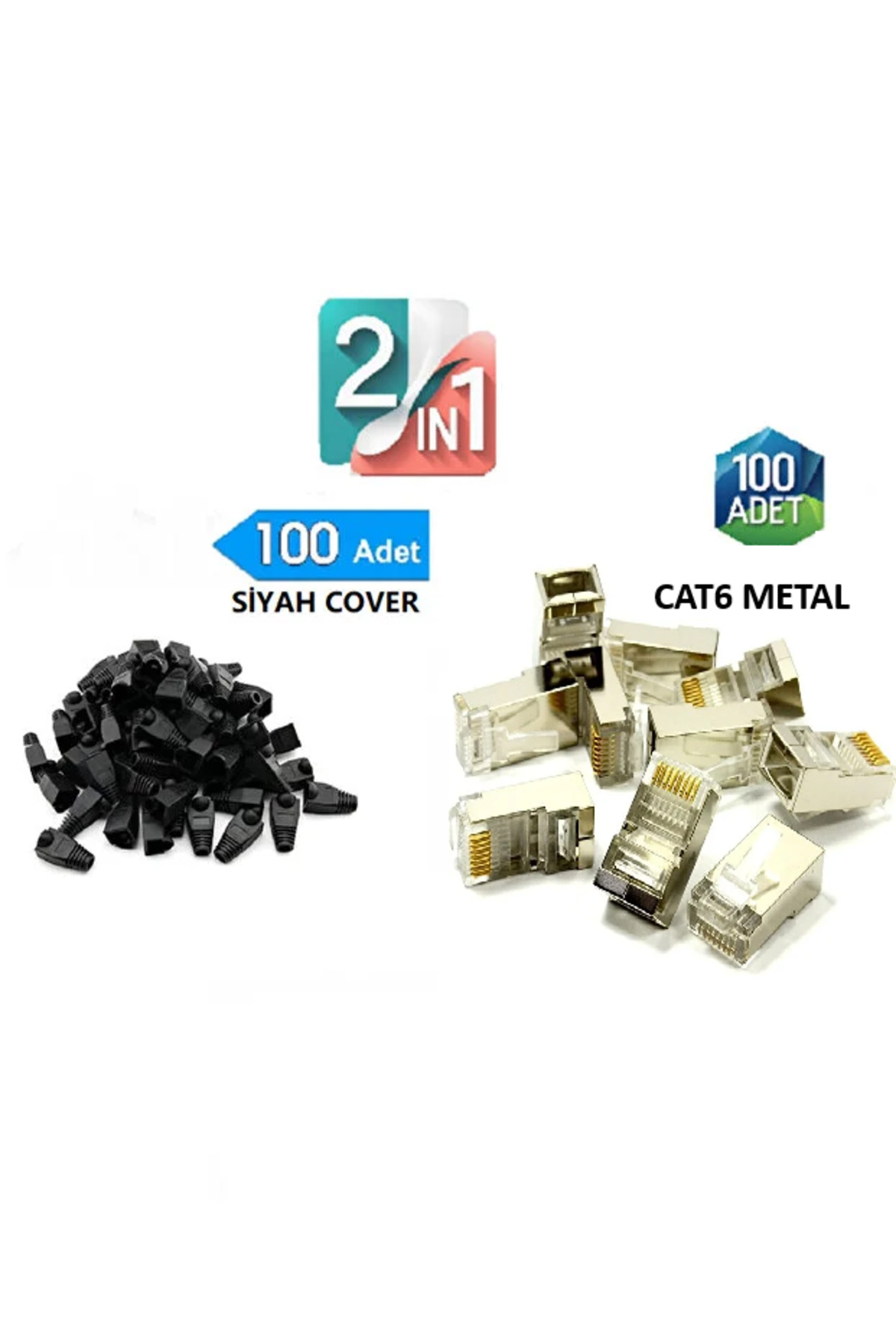 100 Adet Yeni Nesil Metal Cat5Cat6 RJ45 Konnektörü + Rj45 Cat6 Cat5 Koruma Kılıfı 100'lü Paket Siyah
