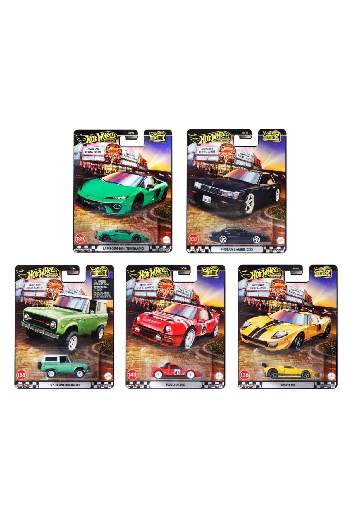 HOT WHEELS Boulevard 5’li Set – Lamborghini Temerario, Nissan Laurel C33, Ford Bronco, RS200, GT