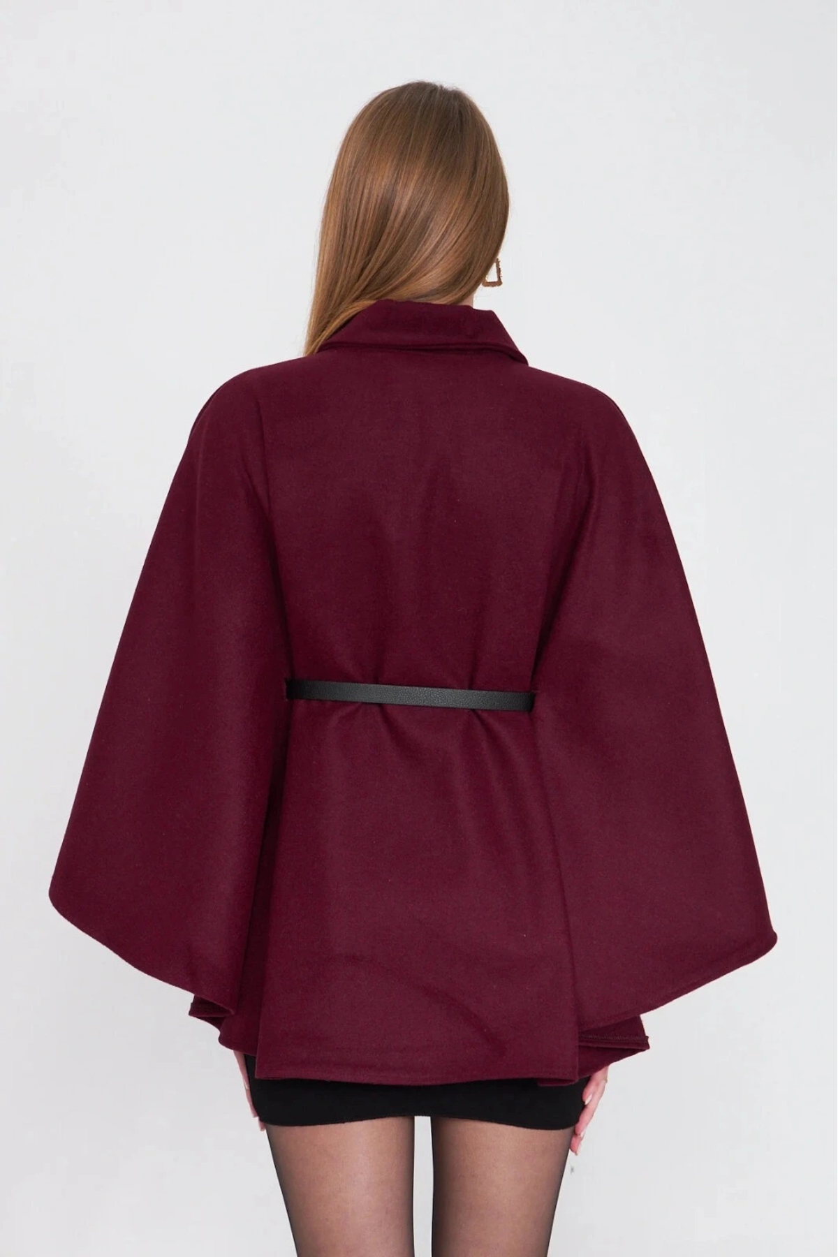 KAZAK  Kemerli kaşe panço bordo pt - Görsel 7