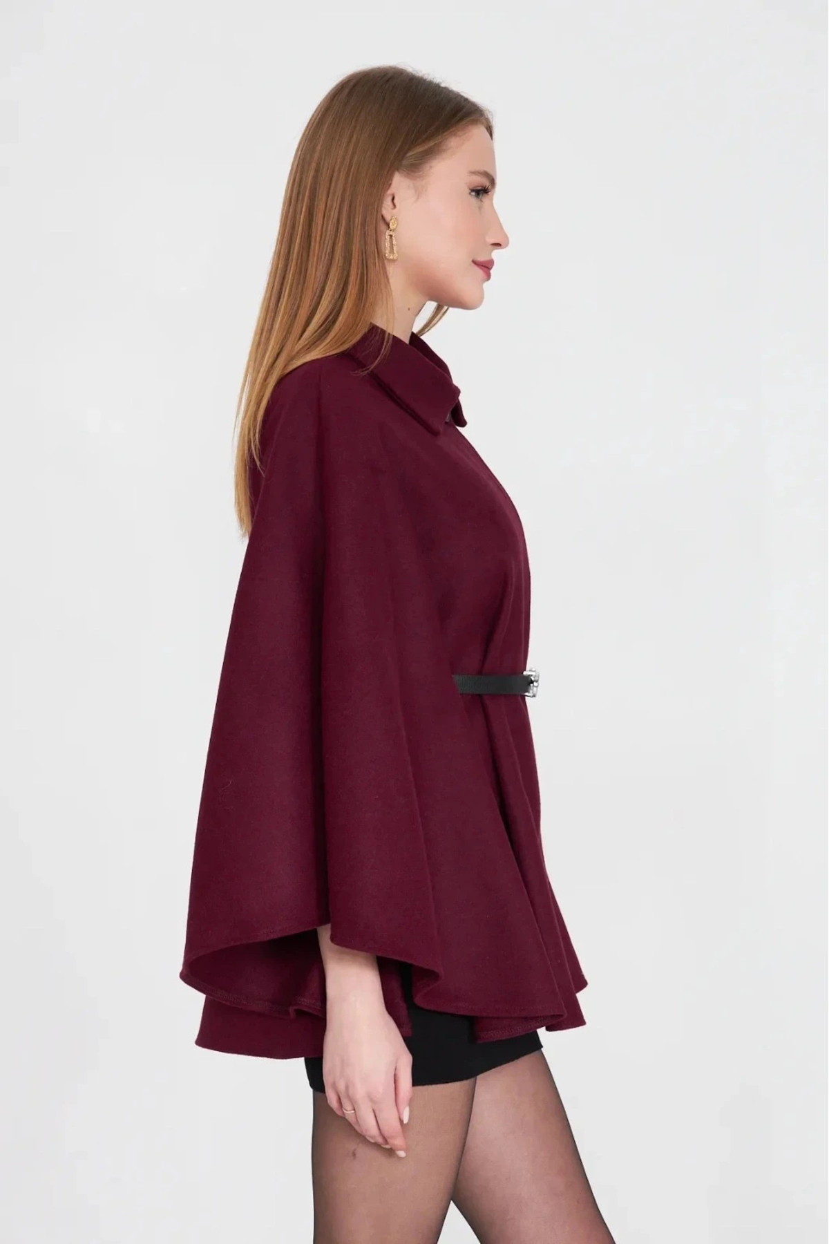 KAZAK  Kemerli kaşe panço bordo pt - Görsel 5