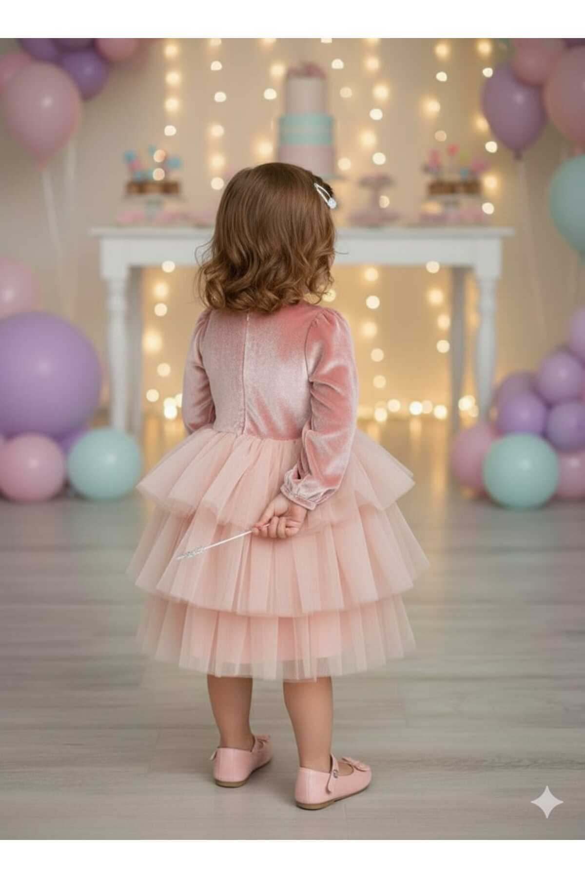 penu baby kids Pembe Kadife Kumaş Eteği Katlı Kız Çocuk Kız Bebek Elbise fotoğrafı 4 (önizleme)