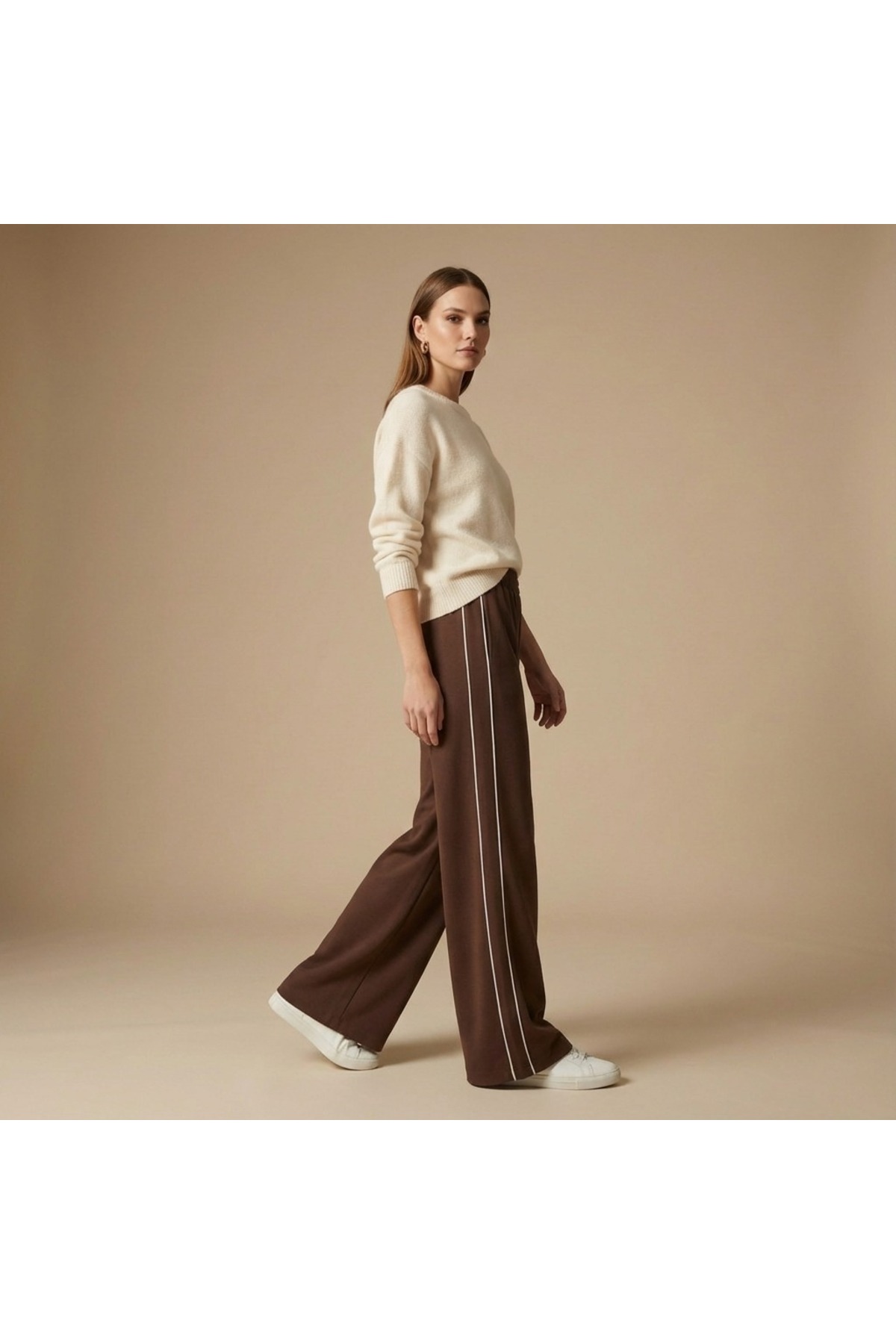 Grenj Fashion  Kahverengi Biyeli Wide Leg/Geniş Paça Örme Spor Eşofman Altı