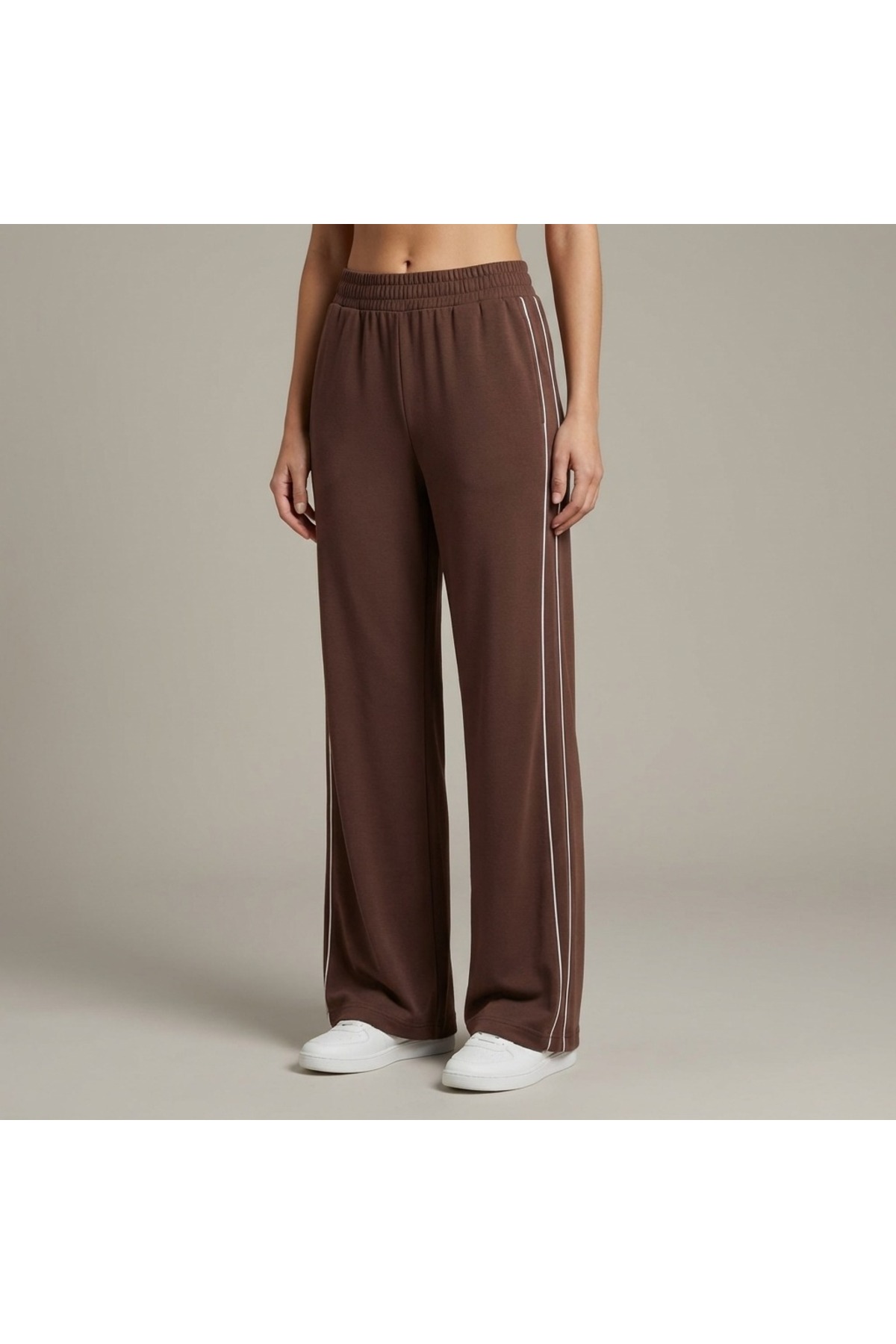 Grenj Fashion  Kahverengi Biyeli Wide Leg/Geniş Paça Örme Spor Eşofman Altı - Görsel 5