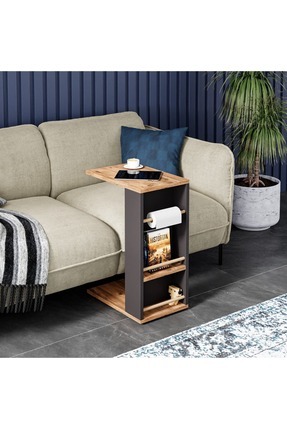 AYZ C Sehpa Tekerlekli ve Raflı Sehpa Yan Sehpa Yatay Antrasit - Çam