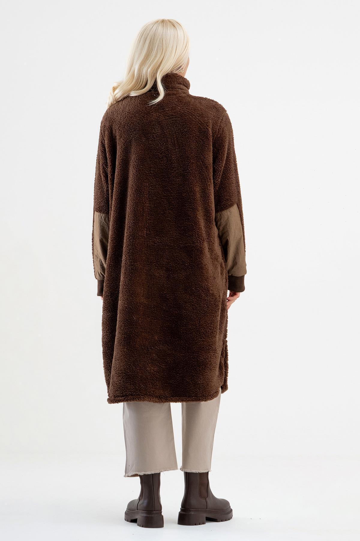 Bold & Young  Dik Yakalı Paraşüt Karışımlı Wellsoft Peluş Fermuarlı Çıtçıtlı Manto - Görsel 4