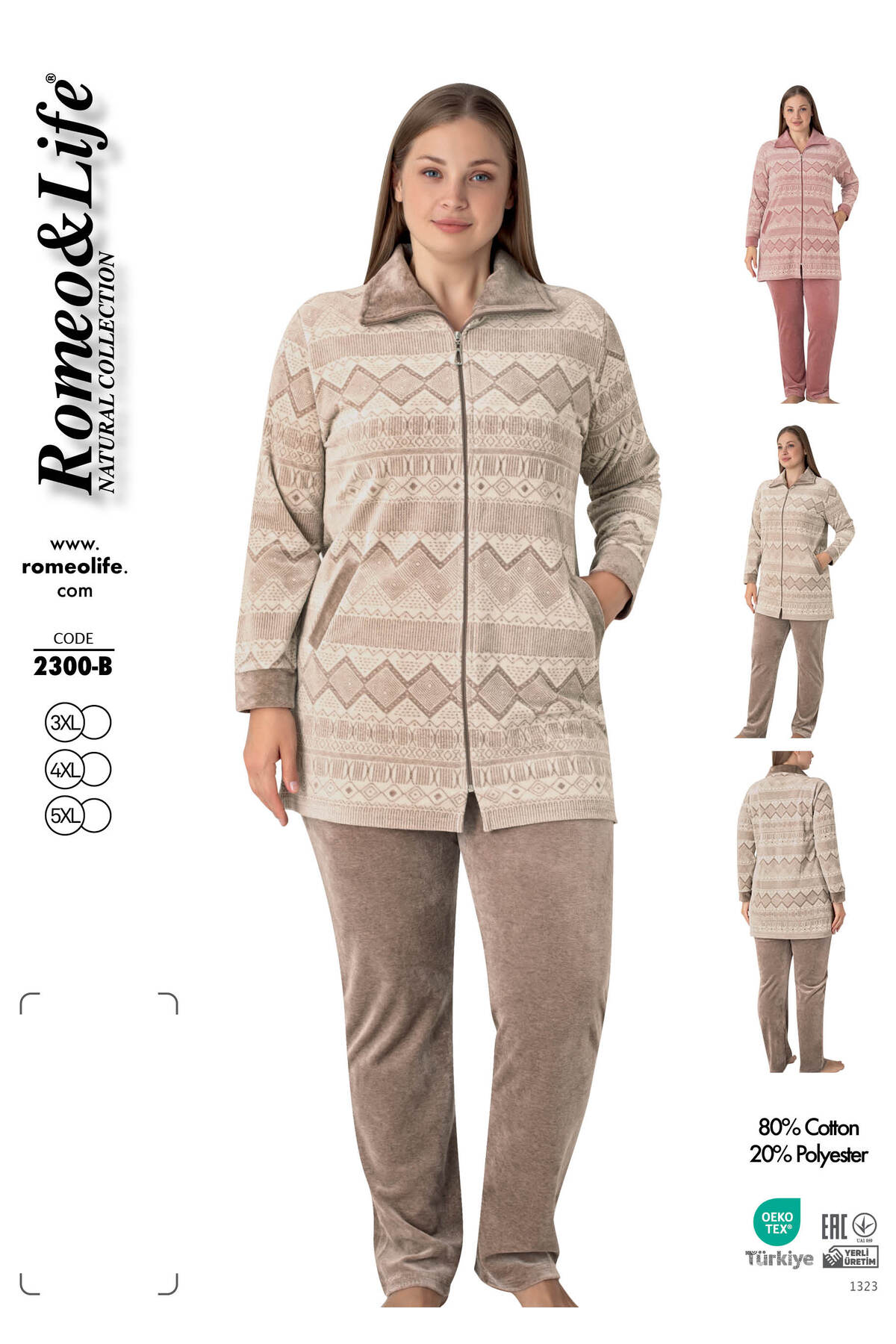 Women's Plus Size Cotton Velvet Tracksuit / Mink- Ecru - 2300-B