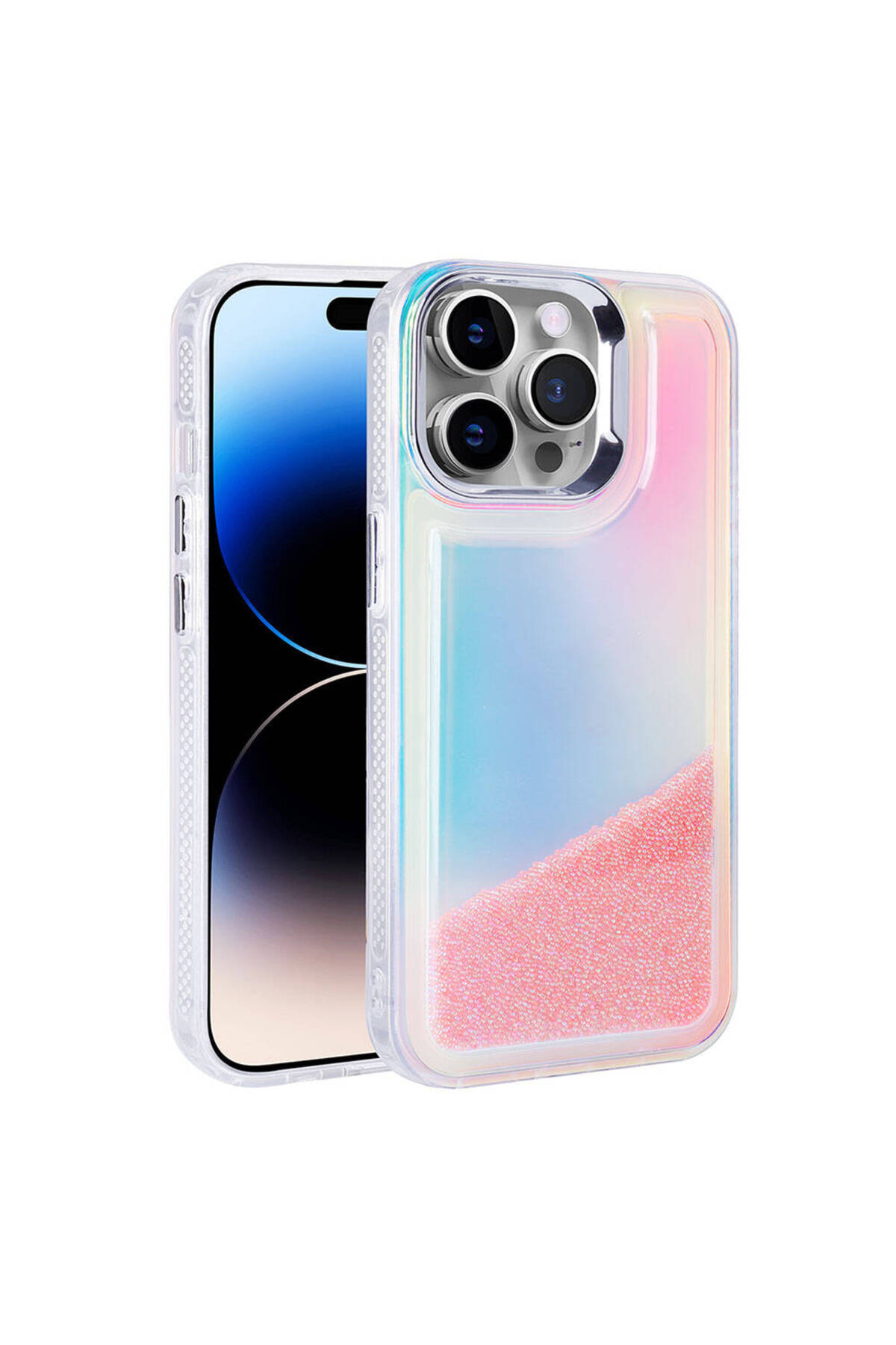 iPhone 14 Pro Kılıf Airbagli Renkli Arka Yüzey Boncuk Tasarımlı TCMK Kumul Kapak - Pembe