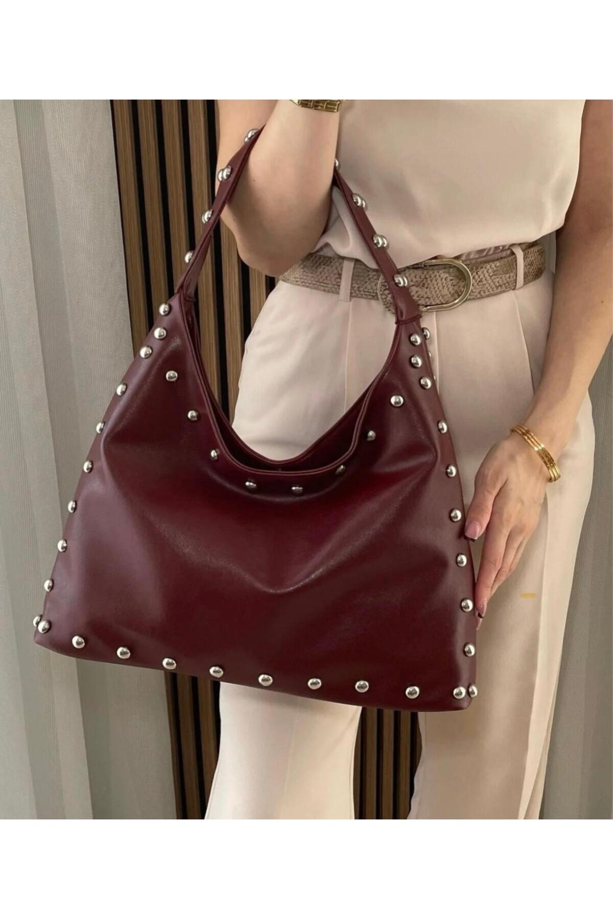 Women's Staple Detailed Shabby Vintage Claret Red Shoulder Bag