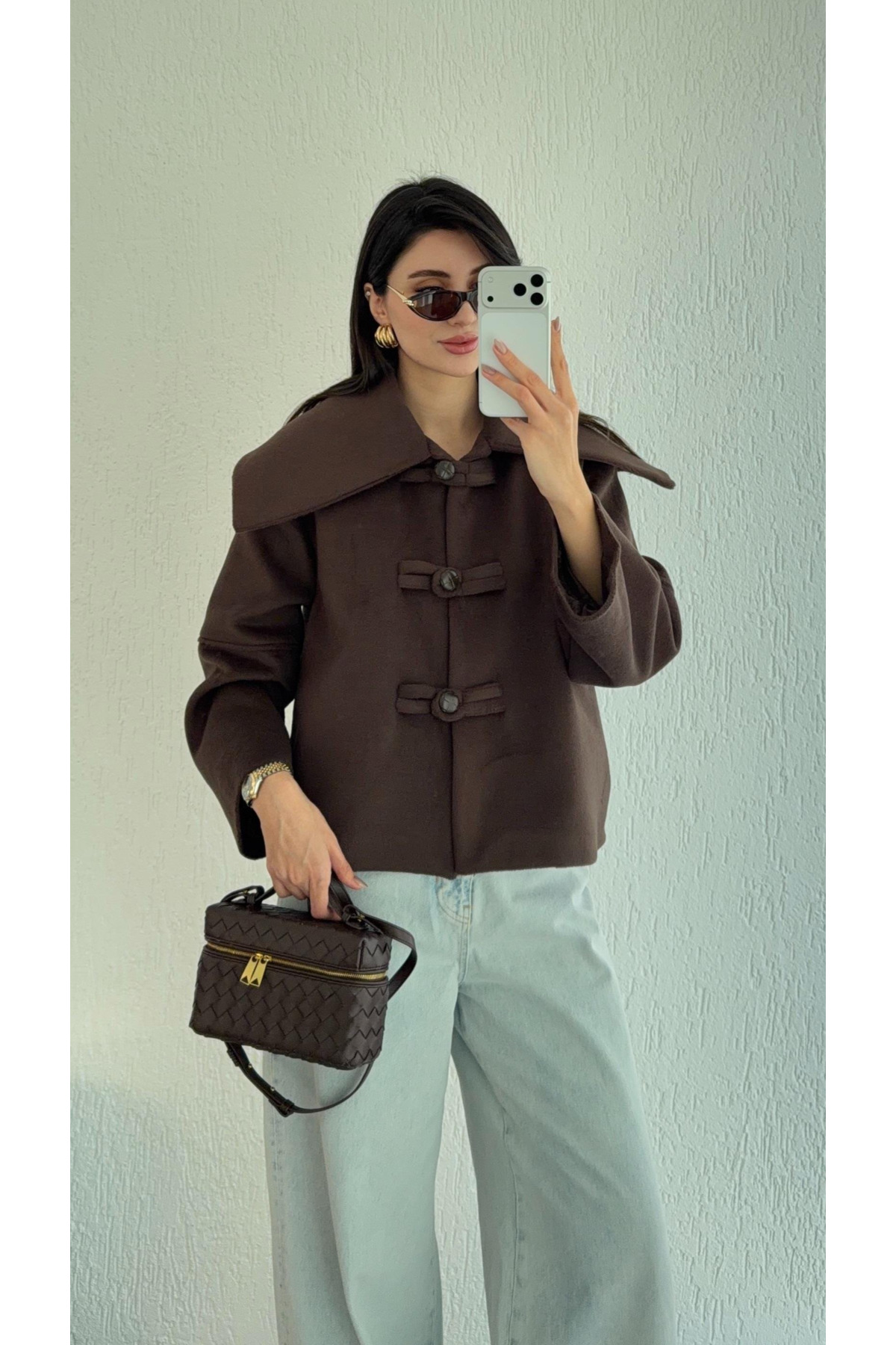 My Blog  Kahverengi Düğme Detaylı Kısa Kaşe Ceket - 7675 - Görsel 2