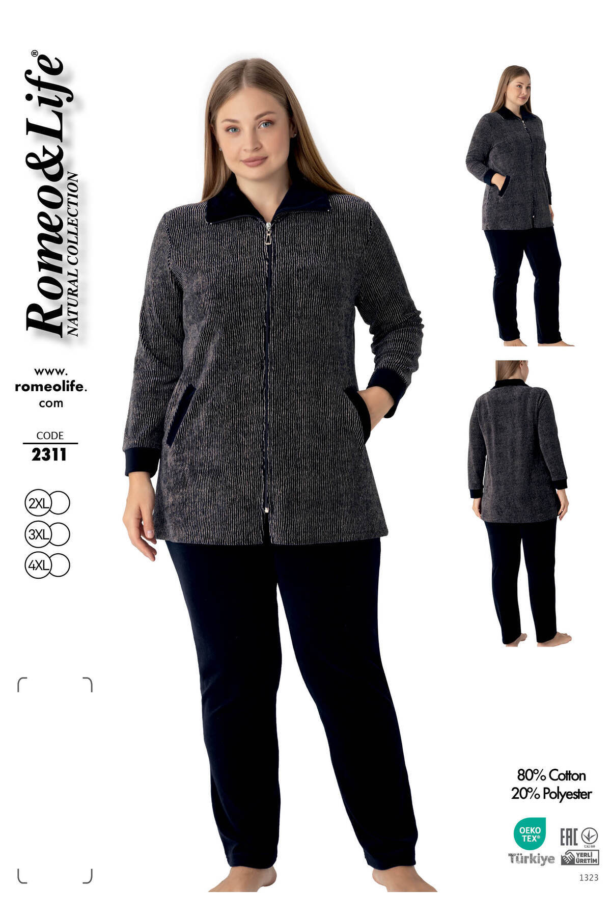 ROMEO LİFE Kadın Büyük Beden Pamuklu Kadife Eşofman Takımı / Laci-Bej - 2311