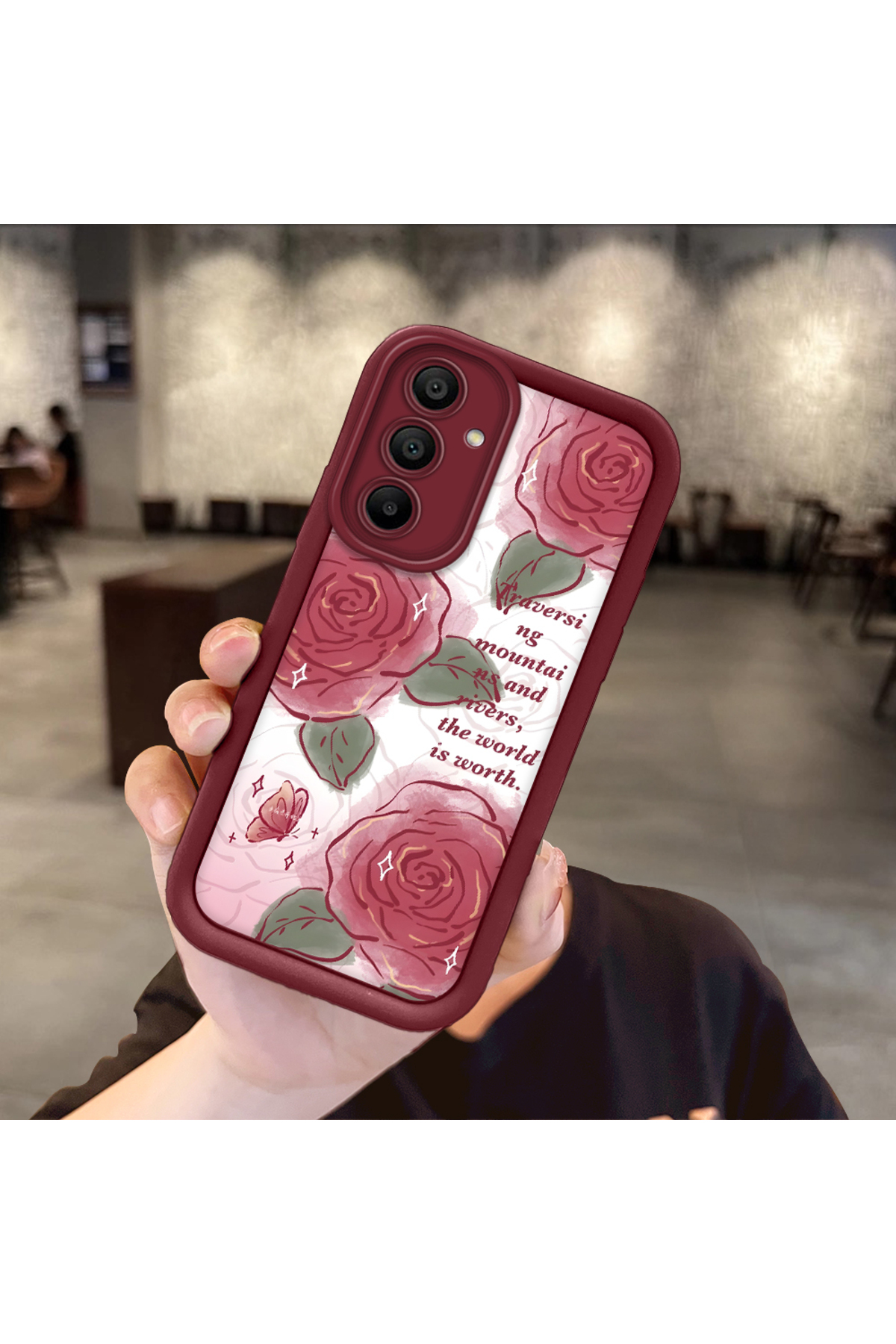 Samsung Galaxy A15 Compatible Lovely Rose Pattern Claret Red Silicone Impact Protection Case
